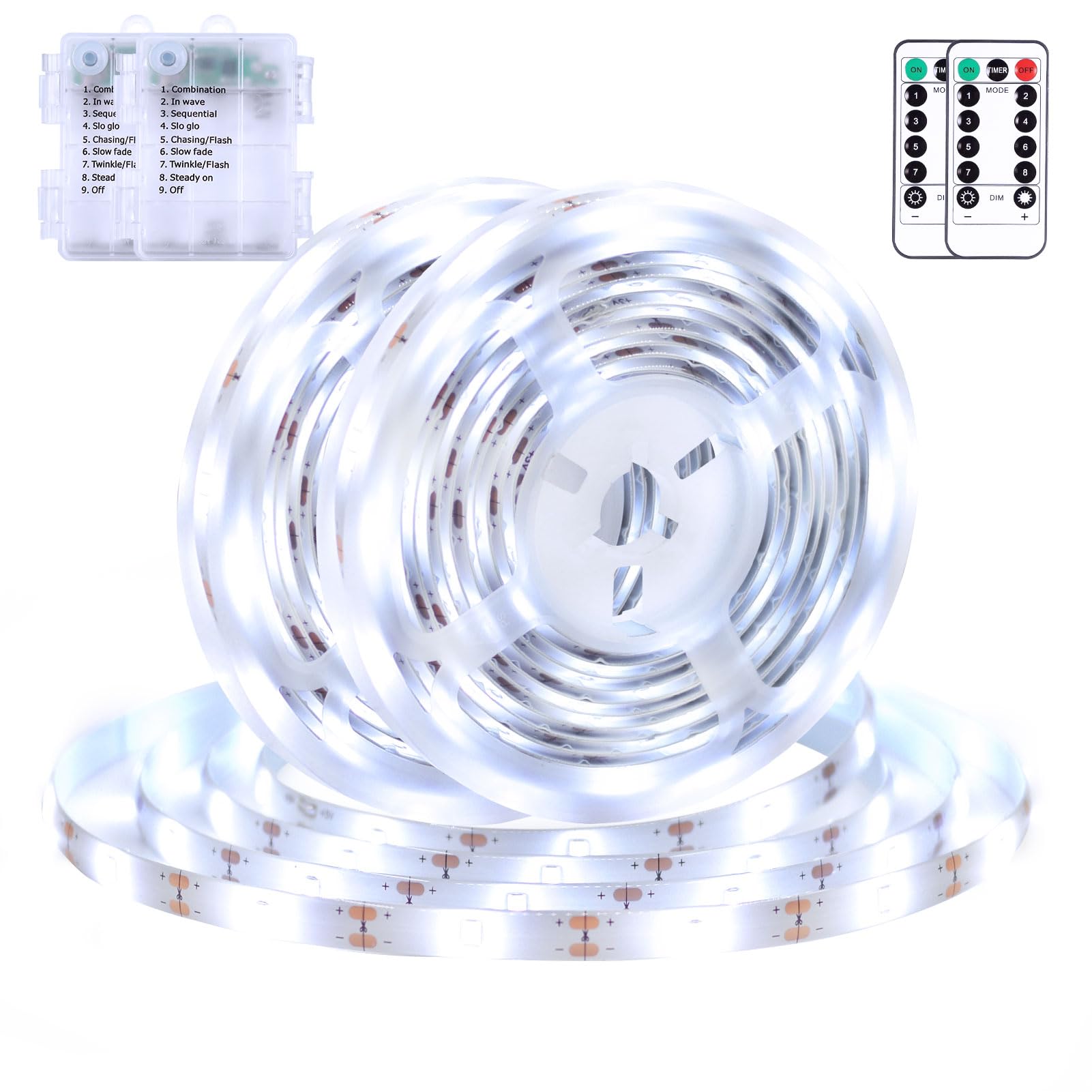 echosari Strip Lights, 9.8Ft Battery Operated, 90 LED, Self-Adhesive with Remote Timer, Cool White, 2 Pack