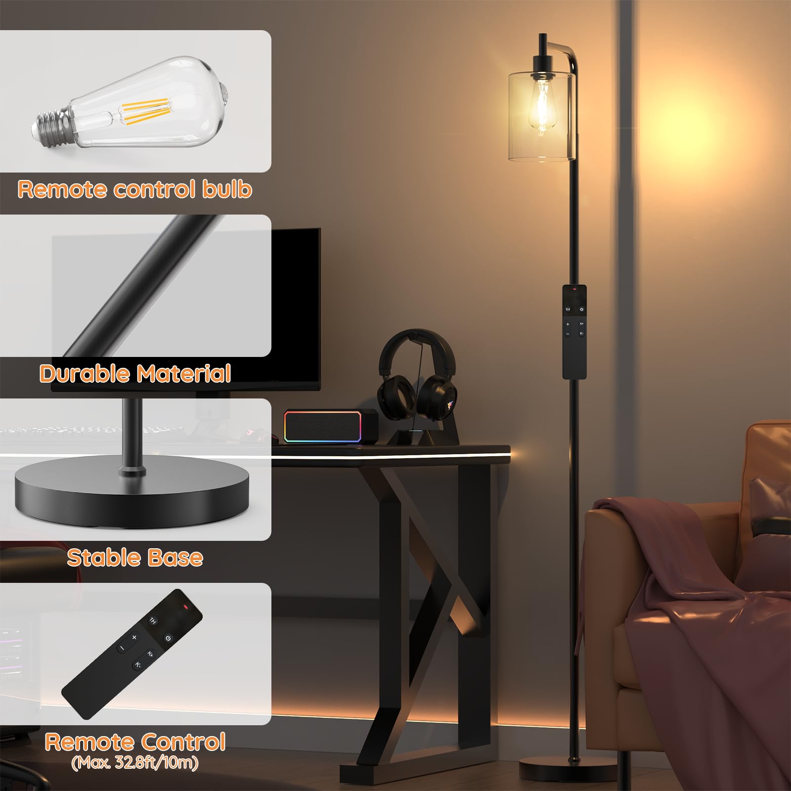 PAZZO Floor Lamp with Remote, Industrial Standing Floor Lamp with Glass Lampshade, Modern Floor Lamp Ideal for Living Room Bedro