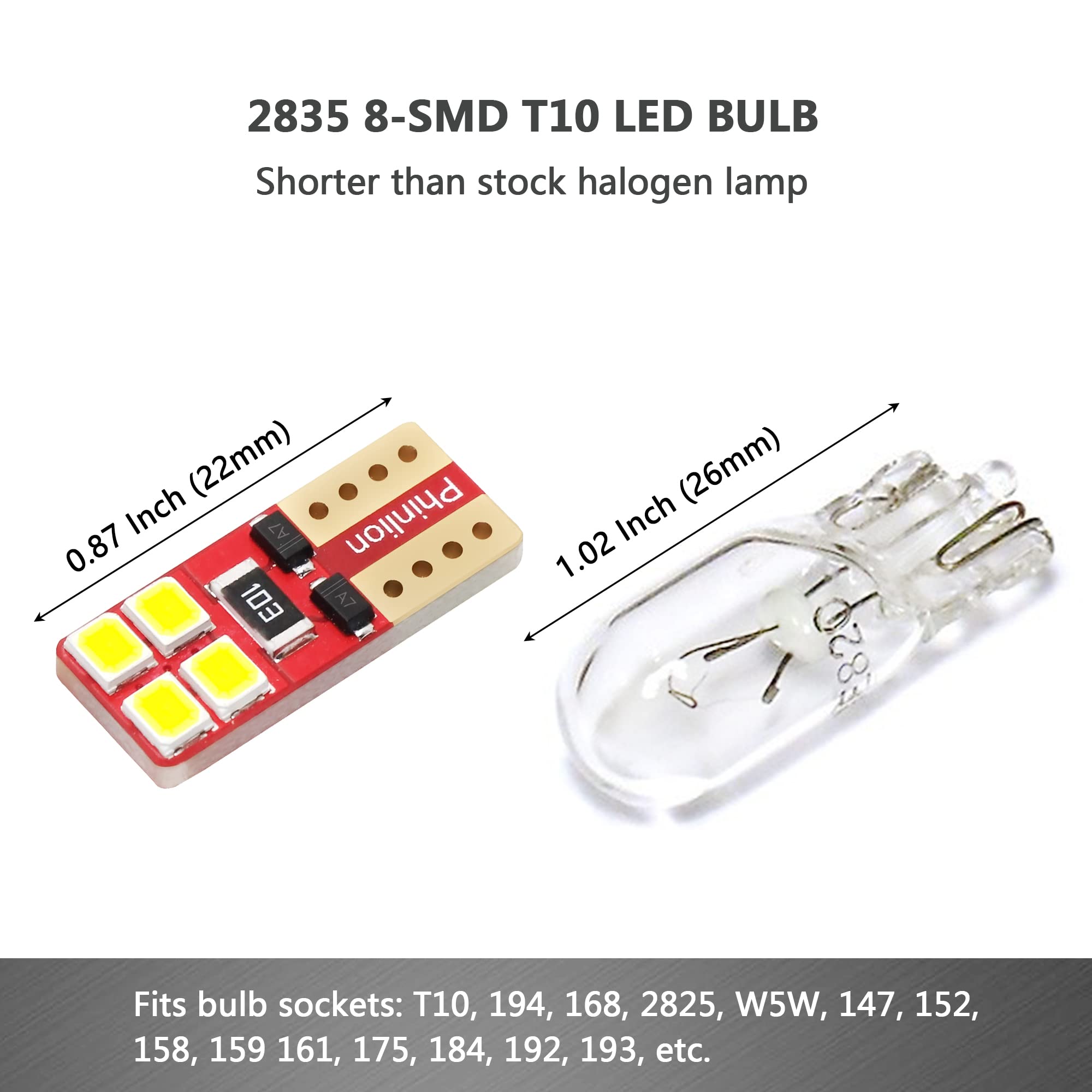 PHINLION LED Light Bulb 6000K White, 8-SMD Chipsets, T10-2835-4 Pack for Car Dome Map Door License Plate Lights