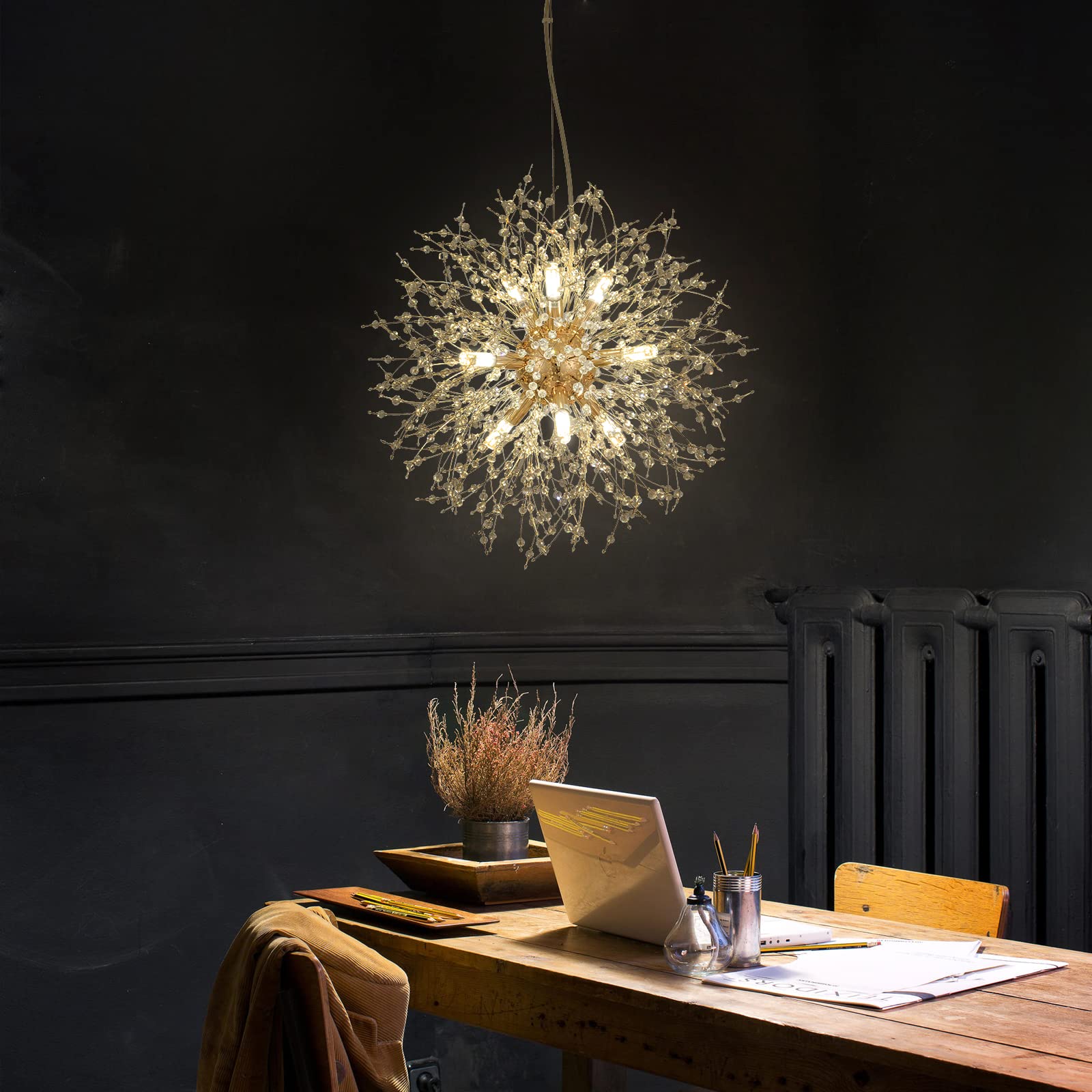 CM MZY 9-Light Gold Dandelion Sputnik Chandelier, Modern Crystal Pendant Light for Bedroom, Living Room, Dining Room, Kitchen Island