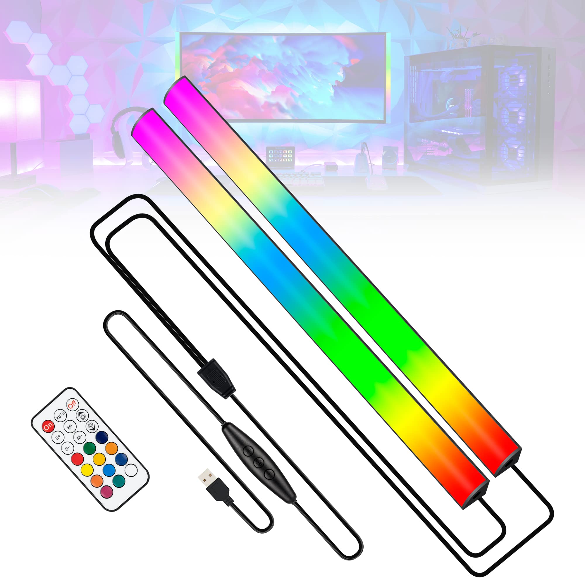JUSJUBR RGB Under Monitor Light Bar, 2pcs x 12 inch, Aluminum, 353 Color Modes, Black, Remote Control, Gaming Setup Lights