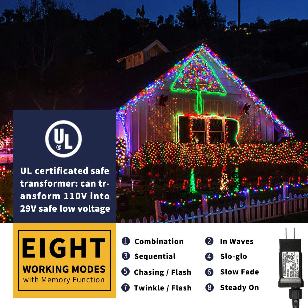 XTF2015 Christmas String Lights, 105ft 300 LED, 8 Modes, UL Certified, Multicolor, Indoor/Outdoor, Model QL300AE
