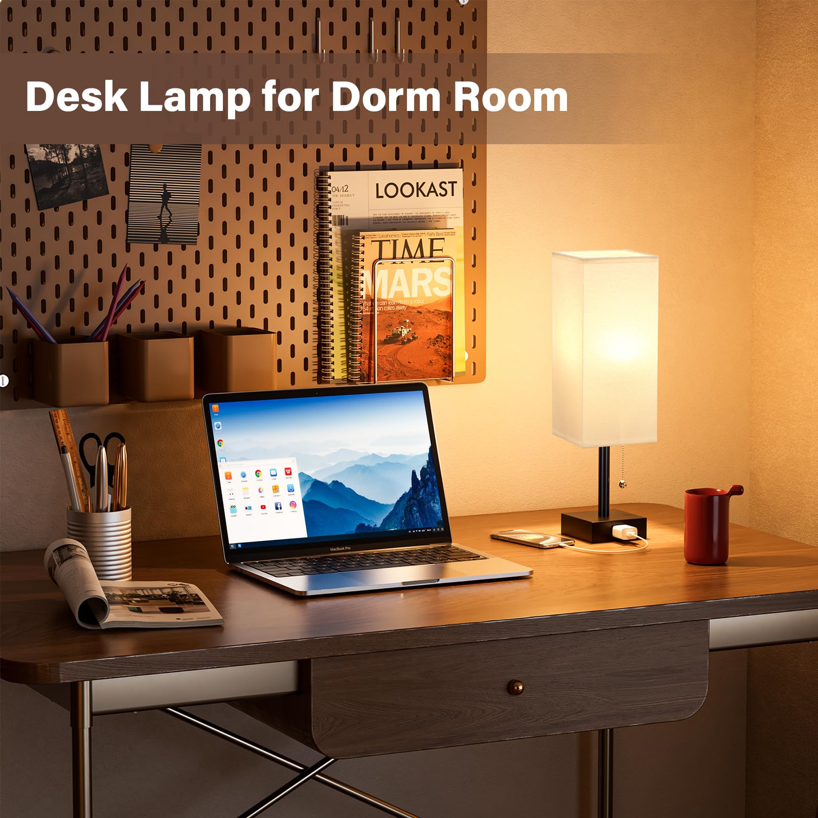 White Bedside Lamps For Bedroom Set Of 2 - Small Rectangular Nightstand Lamp With Ac Outlet Charging Port, 3 Color Temperatures