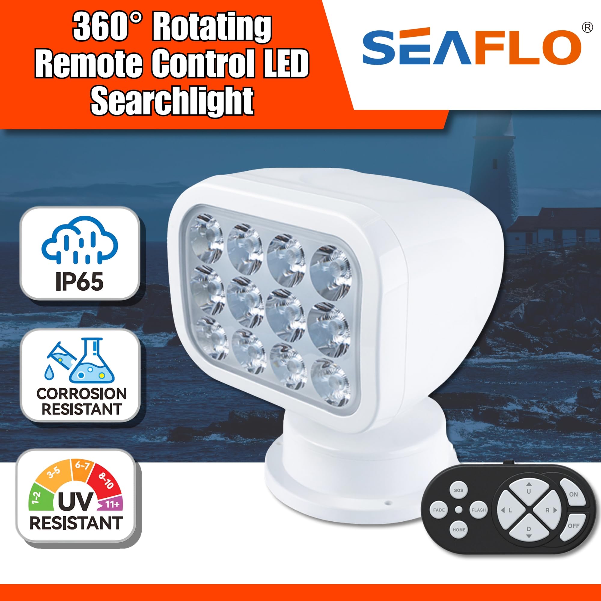 SEAFLO 360° Rotating LED Searchlight, Wireless Remote, IP66 Waterproof, 5500K White Light, Model SFSL-2700W-02W, for Boats & Trucks