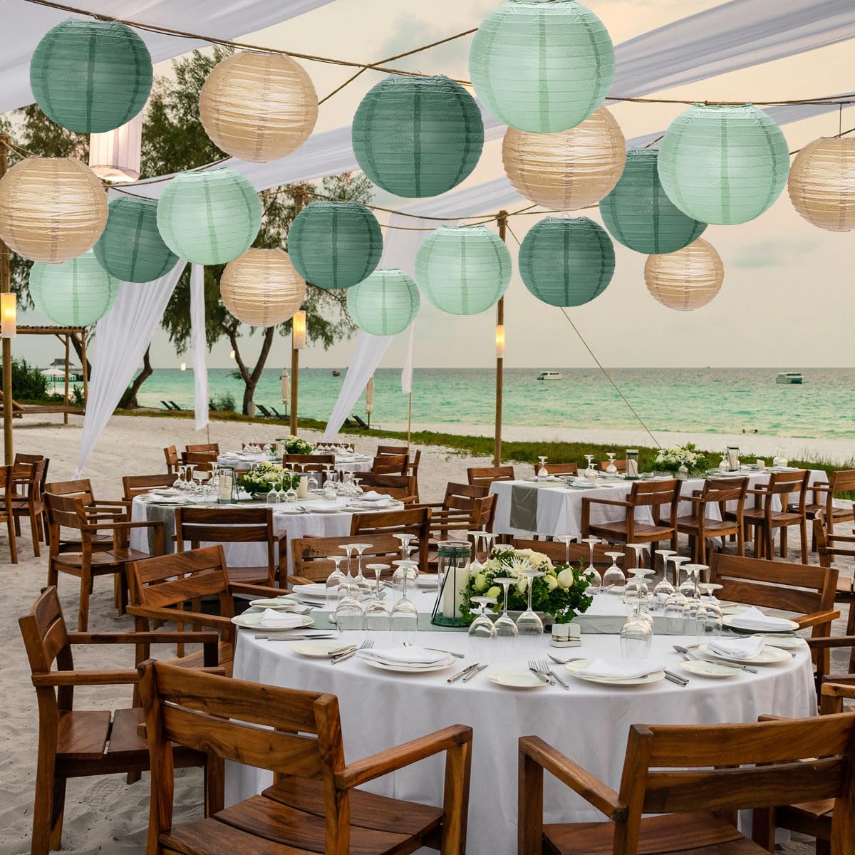 YUNXUAN Paper Lanterns, 12 LED Lights, Sage Green, Round, Model YX1034, Decorative Hanging Lanterns for Parties