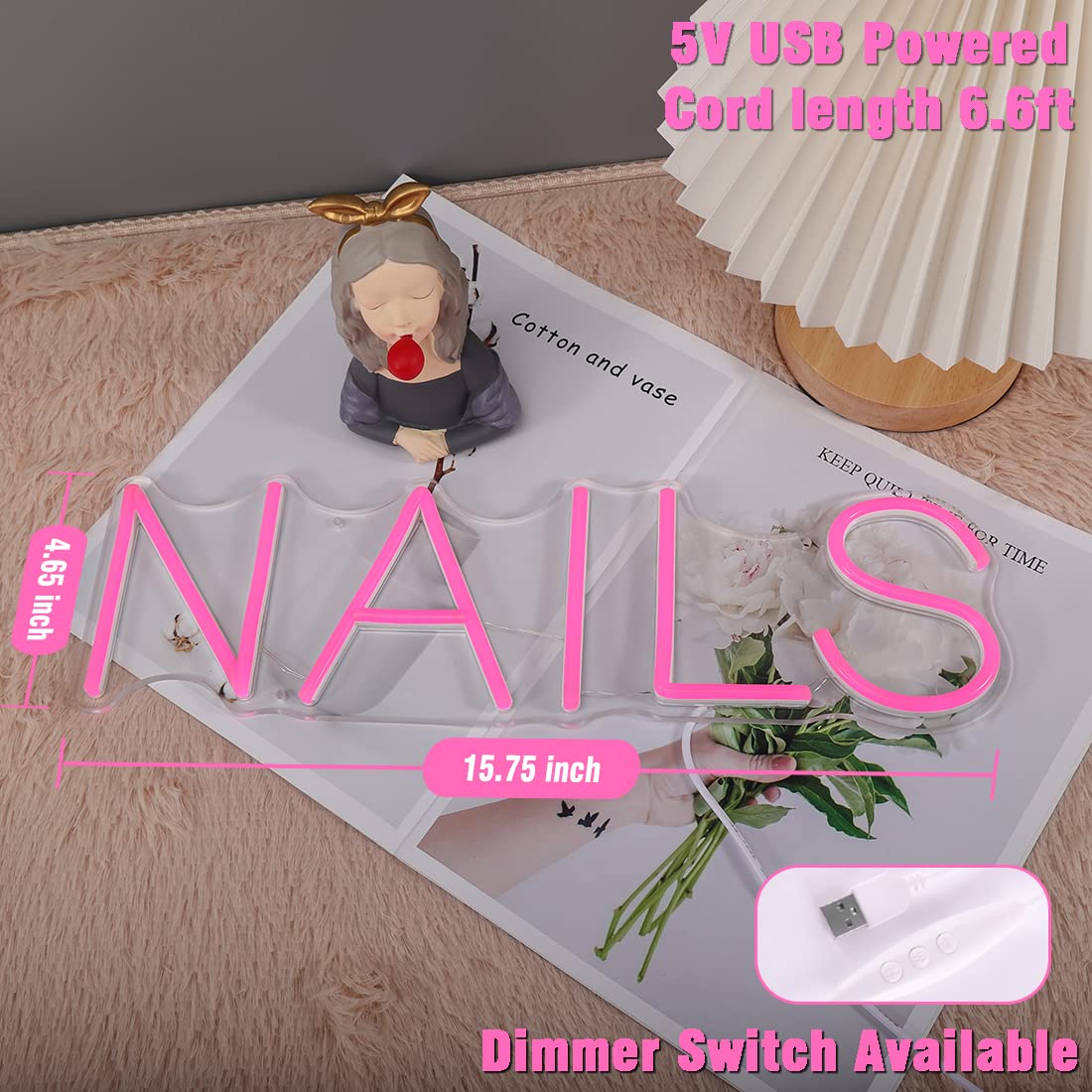 Britrio LED Neon Sign Light for Nail Spa, 15.75”L x 4.65”H, Pink, Model BR-NAILS-PINK, USB Powered with Dimmer Switch