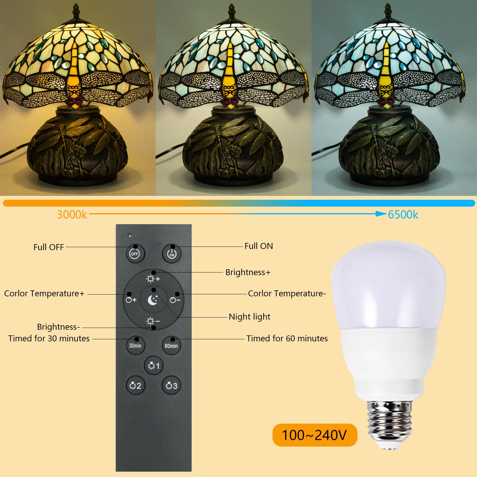 Ppbmocw 12 Inch Dragonfly Tiffany Lamp With Remote Control, Adjustable Brightness And Color Temperature, E26 Bulb, 9W, Ocean Blu