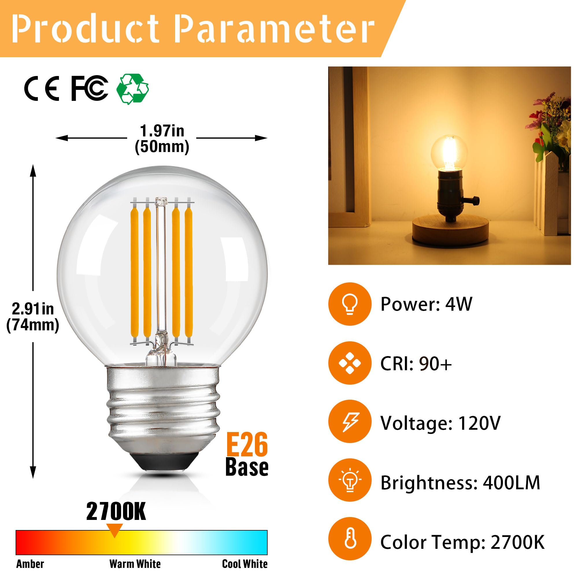 Padmo Ludaz Dimmable Led G16.5 Light Bulb 40W Equal 4W,Small Round Light Bulbs Globe Short Light Bulbs For Chandelier,Lamp,Bathr