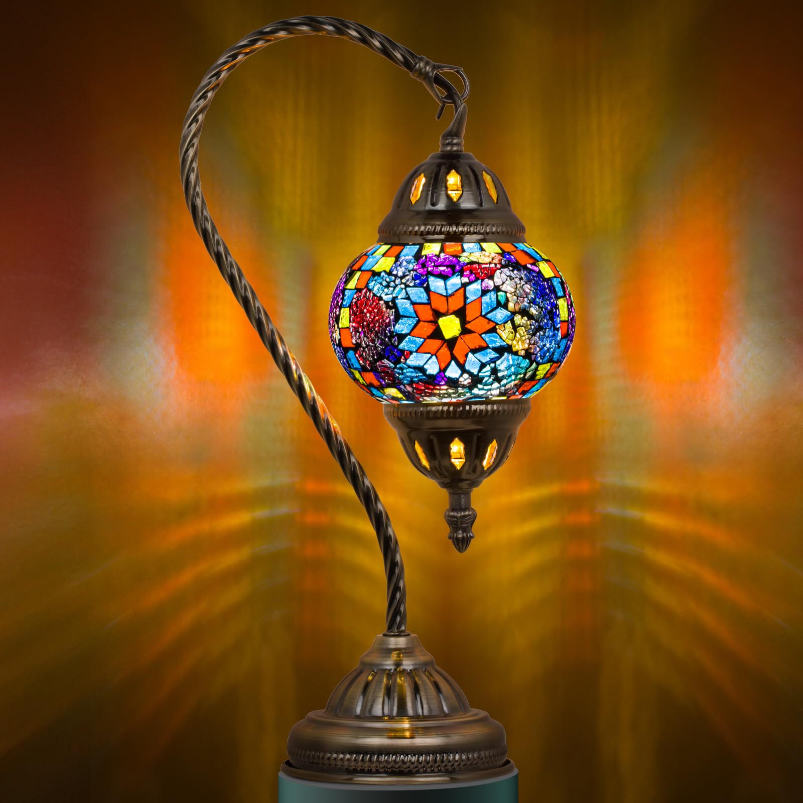 Marrakech Turkish Lamp Moroccan Lamp Mosaic Glass Table Lamp, Handmade Turkish Mosaic Light with Swan Neck Bronze Base Including