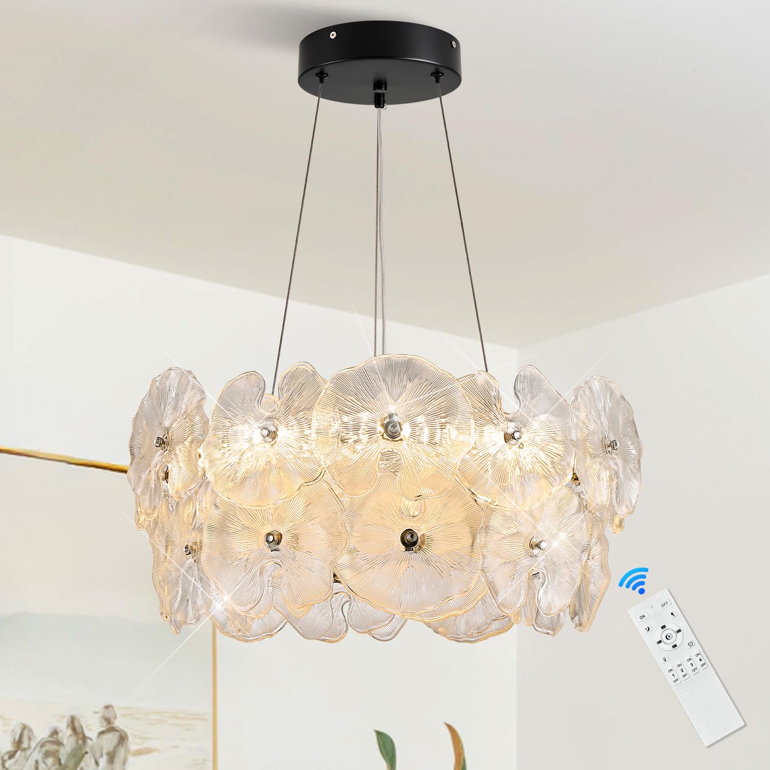 Poemoon Modern Glass LED Chandelier 20in Dimmable Black Lotus Leaf with Remote Control Model 56-500B for Living Room Foyer Dining Room