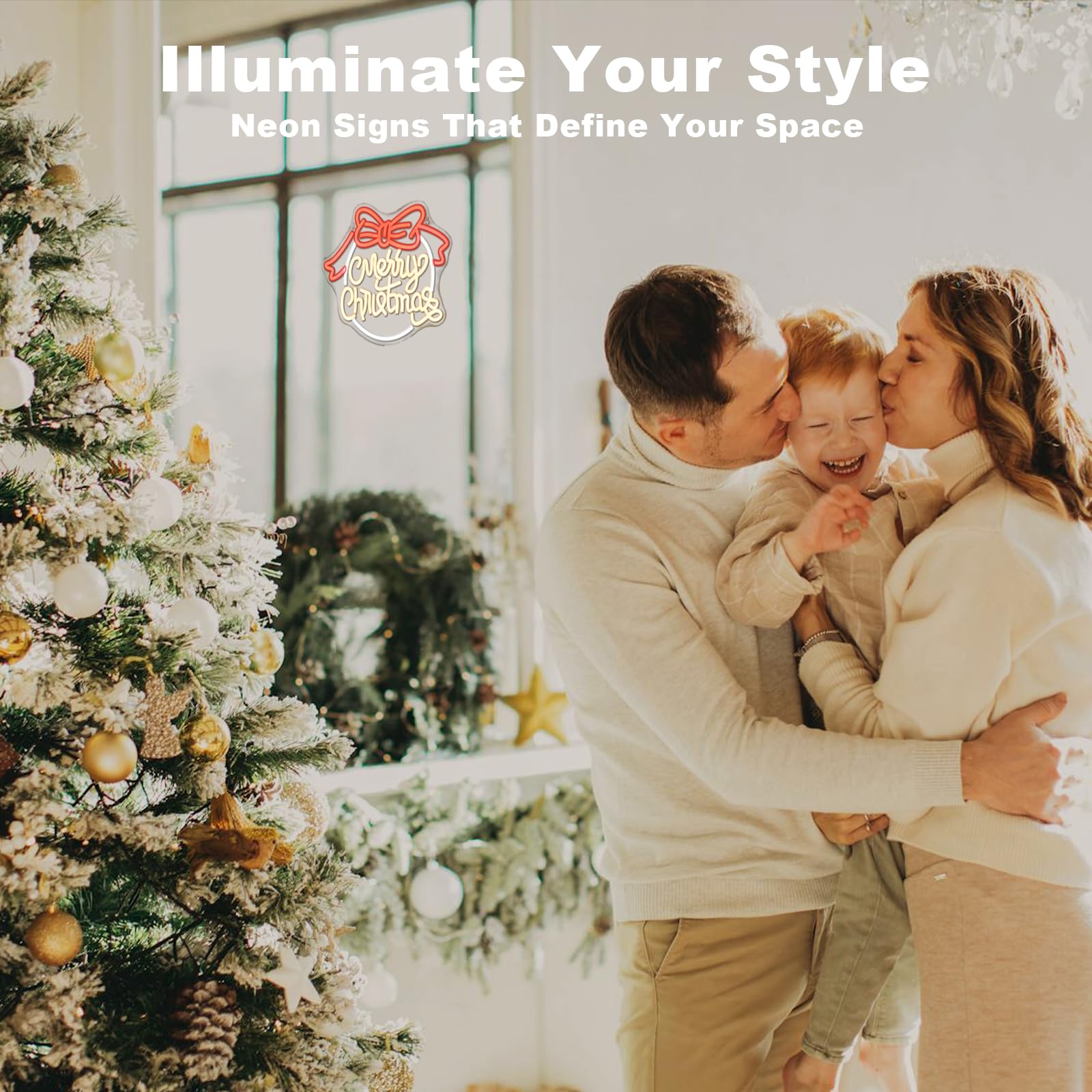 JURONGYILU Dimmable LED Neon Sign - Merry Christmas Bow Design - USB Powered - Colorful - Model HZ-WX-NL-6130