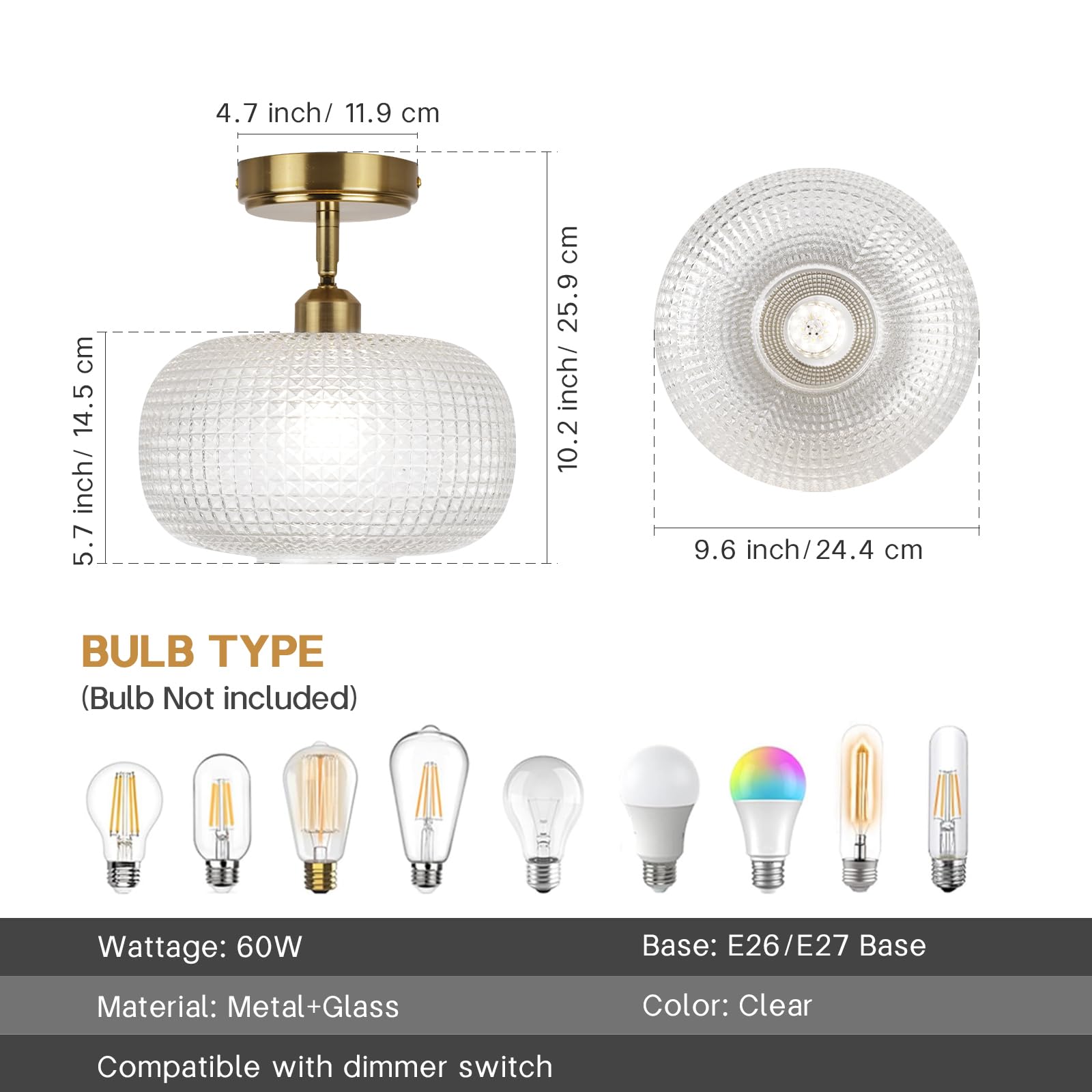 Clarsyne Glass Semi Flush Mount Ceiling Light Fixture, Gold Vintage Globe Lamp, Sloped Ceiling Adaptable, For Hallway, Kitchen,