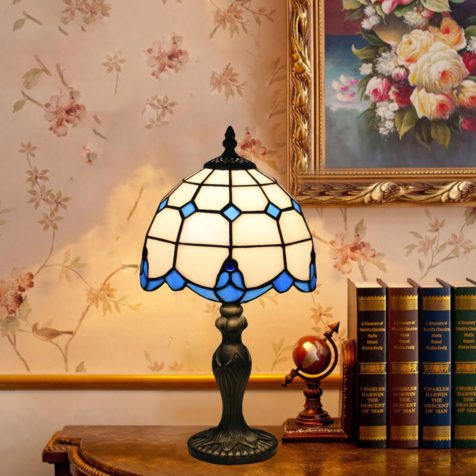 Tuomoxte Tiffany Table Lamp, Tiffany Style Stained Glass Lamp, 8 Inch Small Antique Bedside Lamp, For Nightstand Bedroom Living Room Home Office, Blue, Include Led Bulb