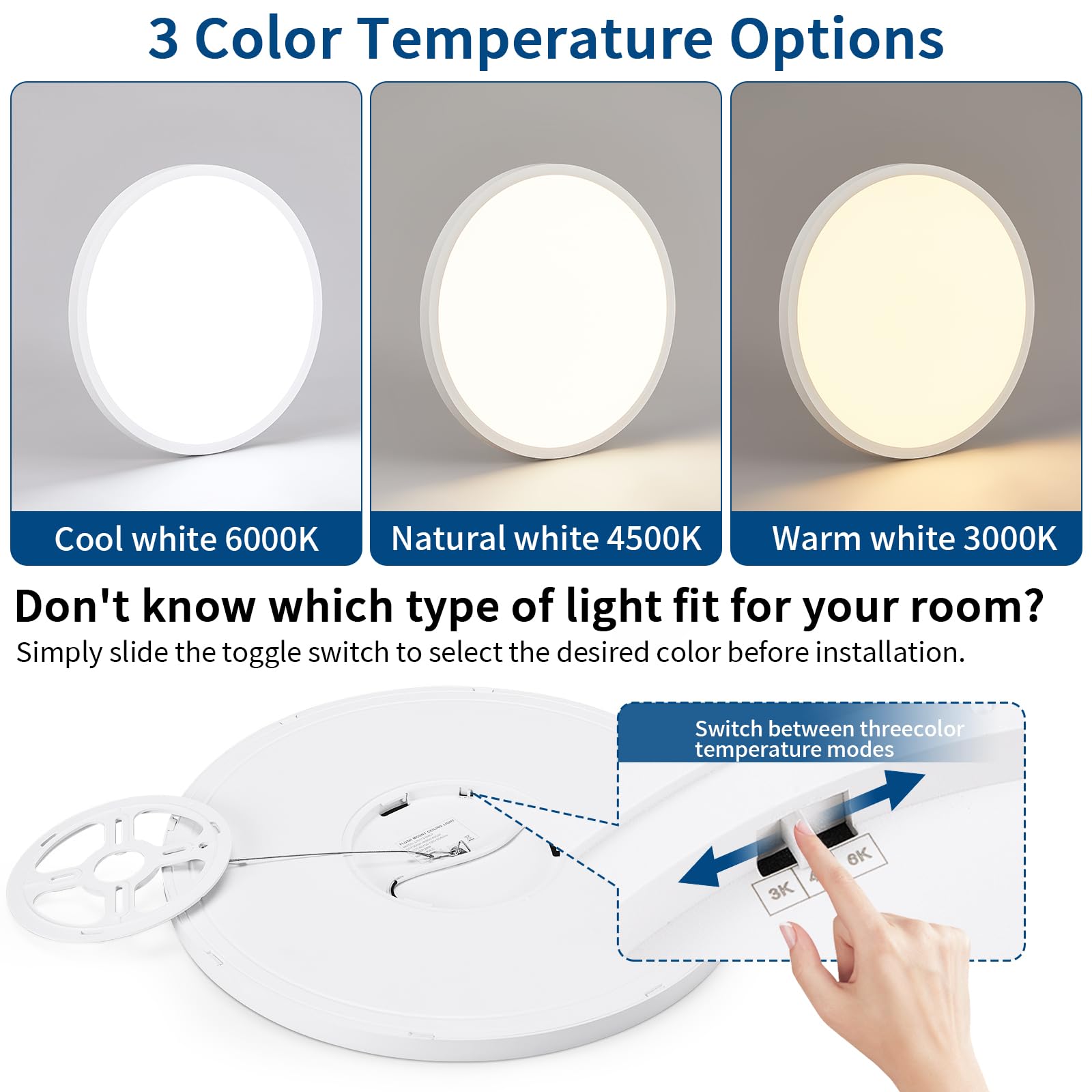 Modern 12'' Led Ceiling Light Fixture, 0.67 Inch Ultra Thin Flush Mount, Brightness Dimmable & 3000K/4500K/6000K Selectable, 22W