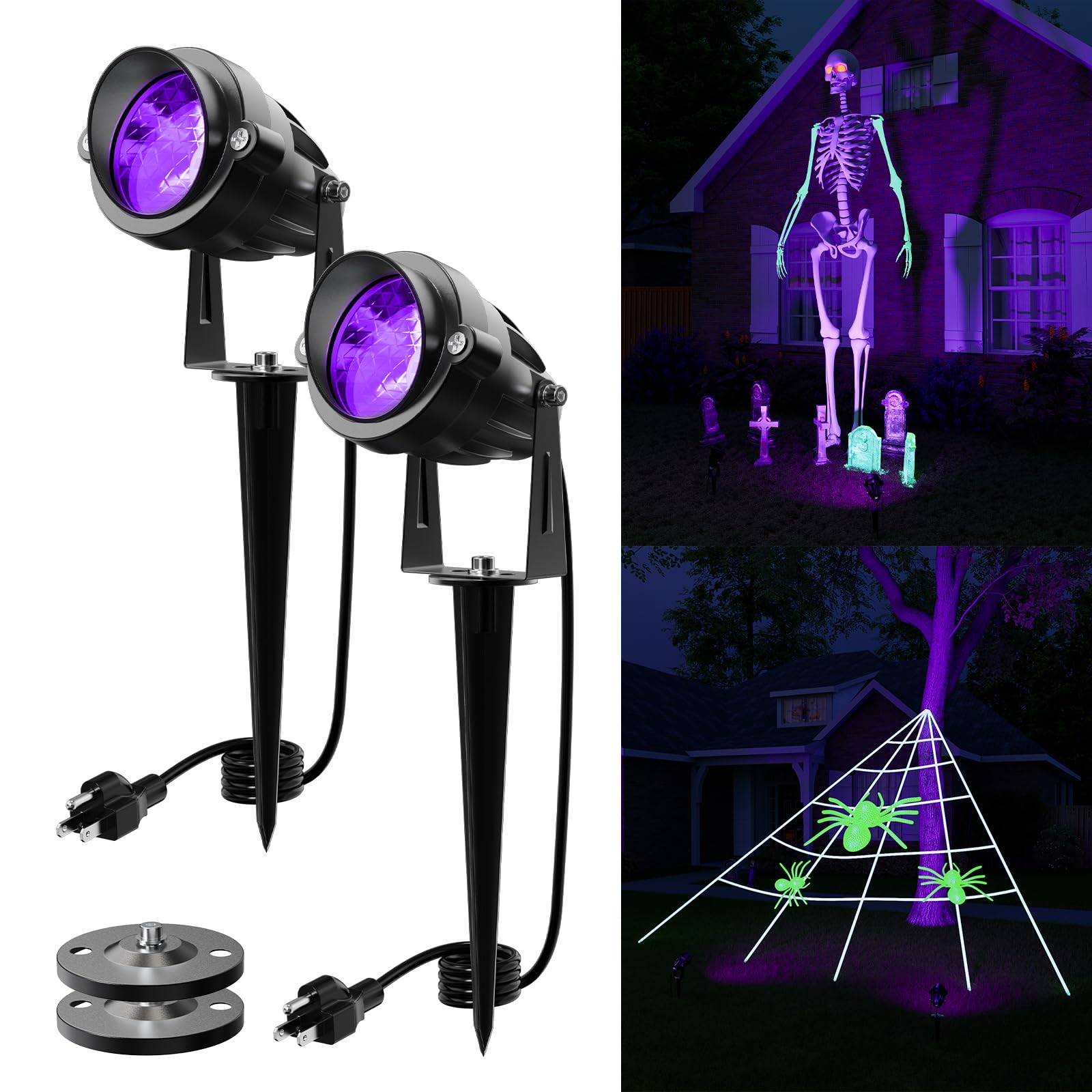 Uv Spotlights For Halloween Decorations 120V Outdoor Landscape Waterproof Blacklights Light Up Skeleton  Spider Web  Tombstones  Ghost  House  Plug-In Purple Spot Light Lighting House  Yard  Garden