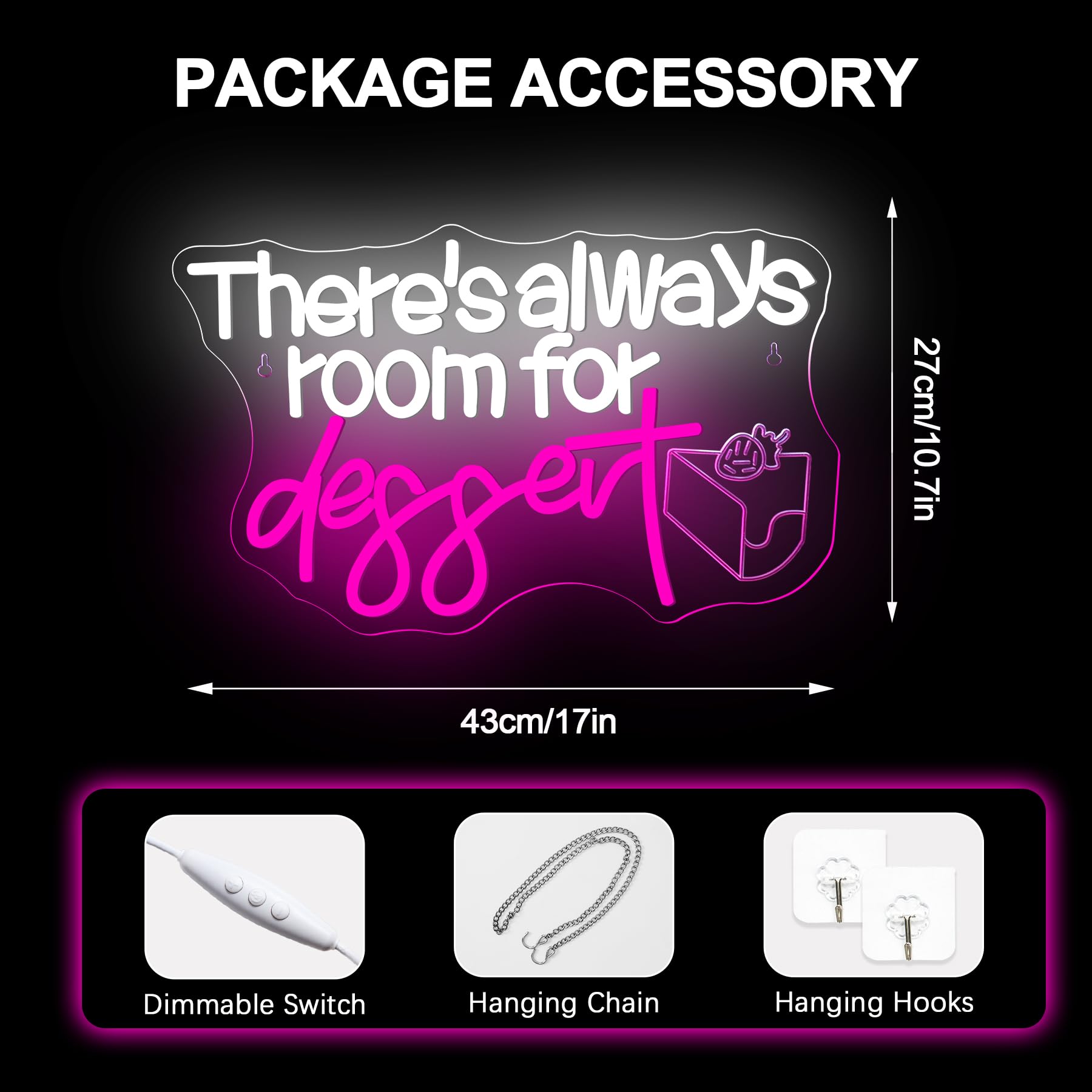 Nosun ThereS Always Room For Dessert Neon Sign Led Bar White Text Treat Yourself For Snack Candy Dessert Flower Bar Bedroom Wall Decor Wedding Birthday Party Home Room Gift
