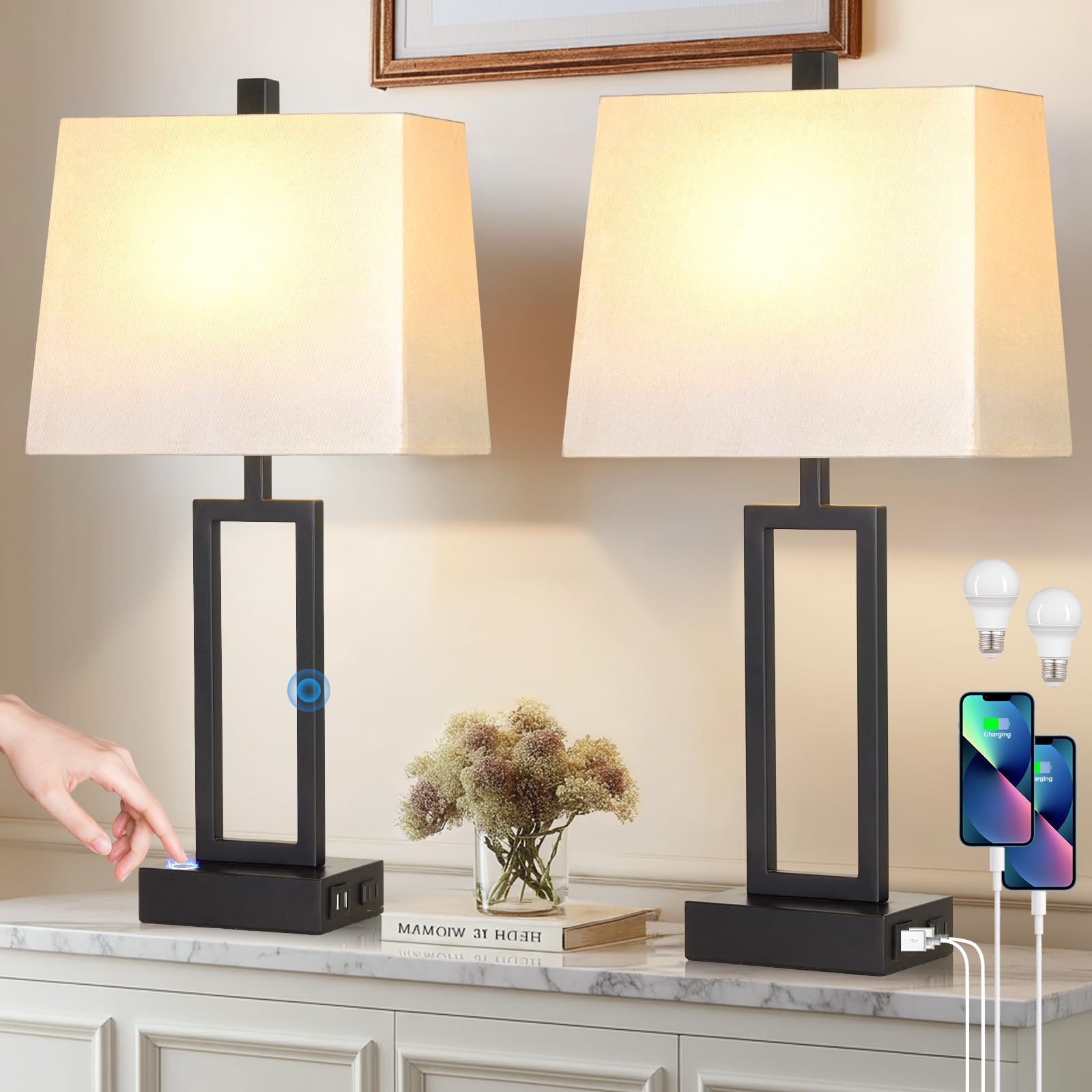 Touch Control Table Lamps with 2 USB Charging Ports & AC Outlets  23 Tall Modern Nightstand Bedside Lamp for Bedroom  3-Way Dimmable Metal Table Lamp with Fabric White Shade for Living Room End Table