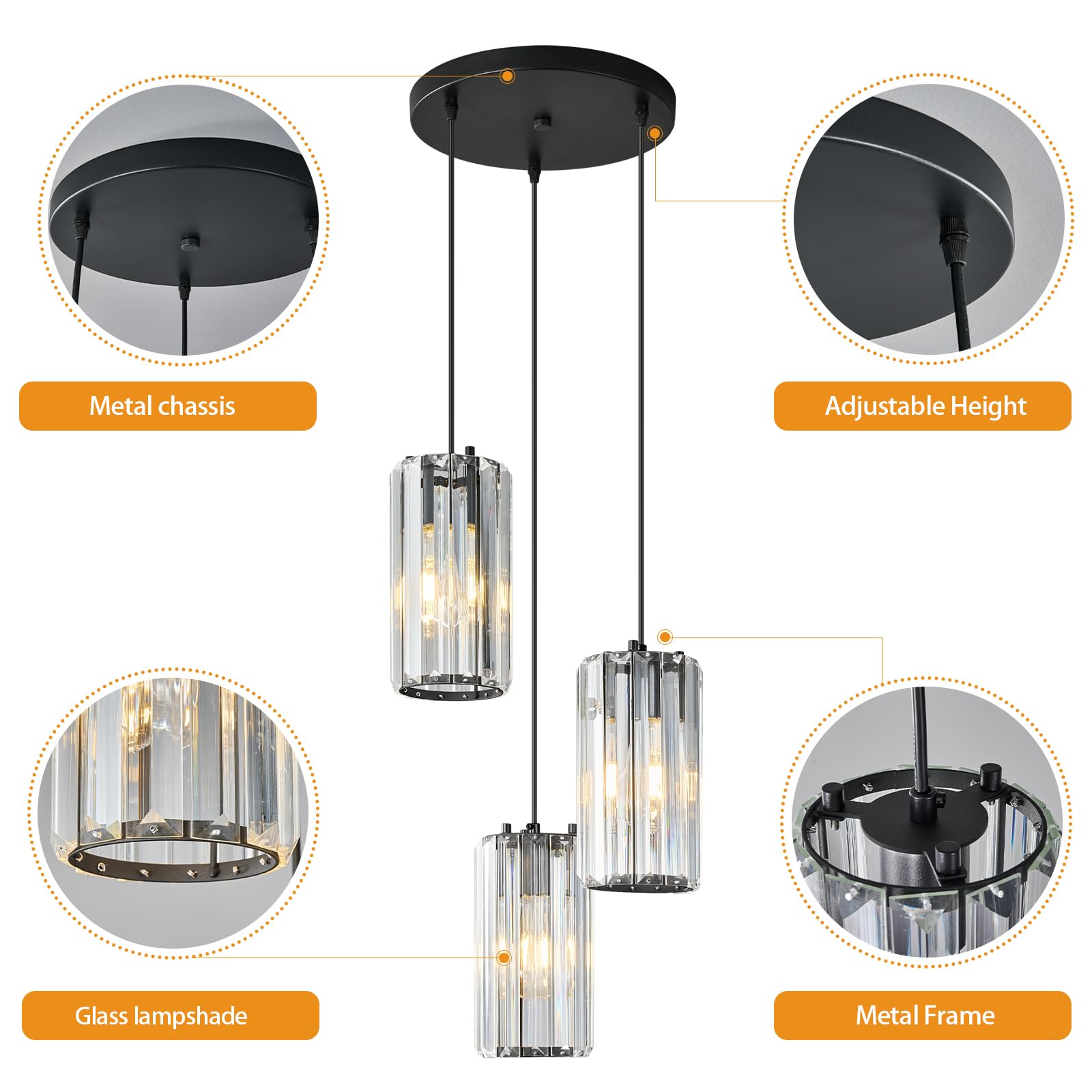 Zhllmq Black Pendant Lighting Modern Pendant Light  Mini Crystal Chandeliers Adjustable Pendant Light Fixture For Kitchen Island Dinning Room Corridor Bedroom(Black 3-Light)