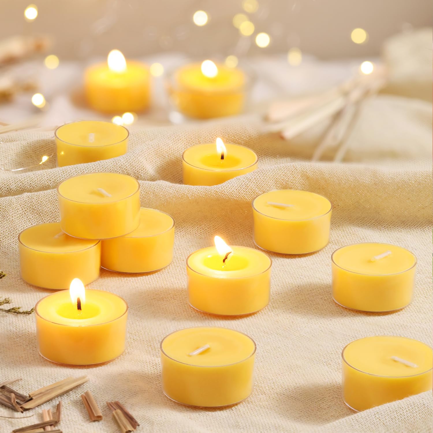 Citronella Scented Tea Lights Candles - Yellow - 6 Hour Burn - 100% Palm Wax - Scented Tealight Candles for Outdoor Summer Nights  Patio Dining - 48 Pack Scent Votive Candle