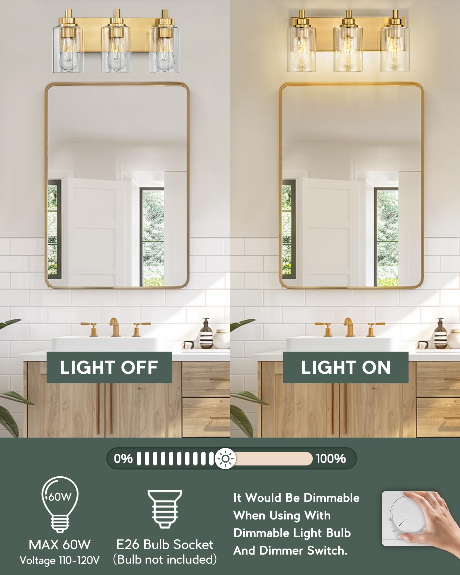 Metwet 3-Light Brushed Gold Bathroom Light Fixture, Modern Metal Vanity Lighting With Clear Glass Shade, Model Vl143-Bg-3
