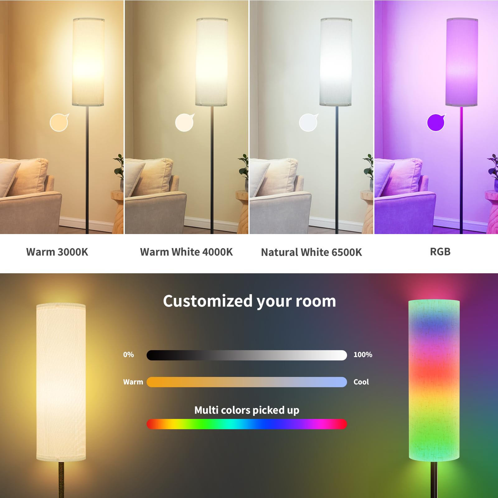 FRIDEKO Floor Lamp - Dimmable RGB Colors & Brightness, Tall Design, White Lampshade, Model FD02, Ideal for Living Room & Office
