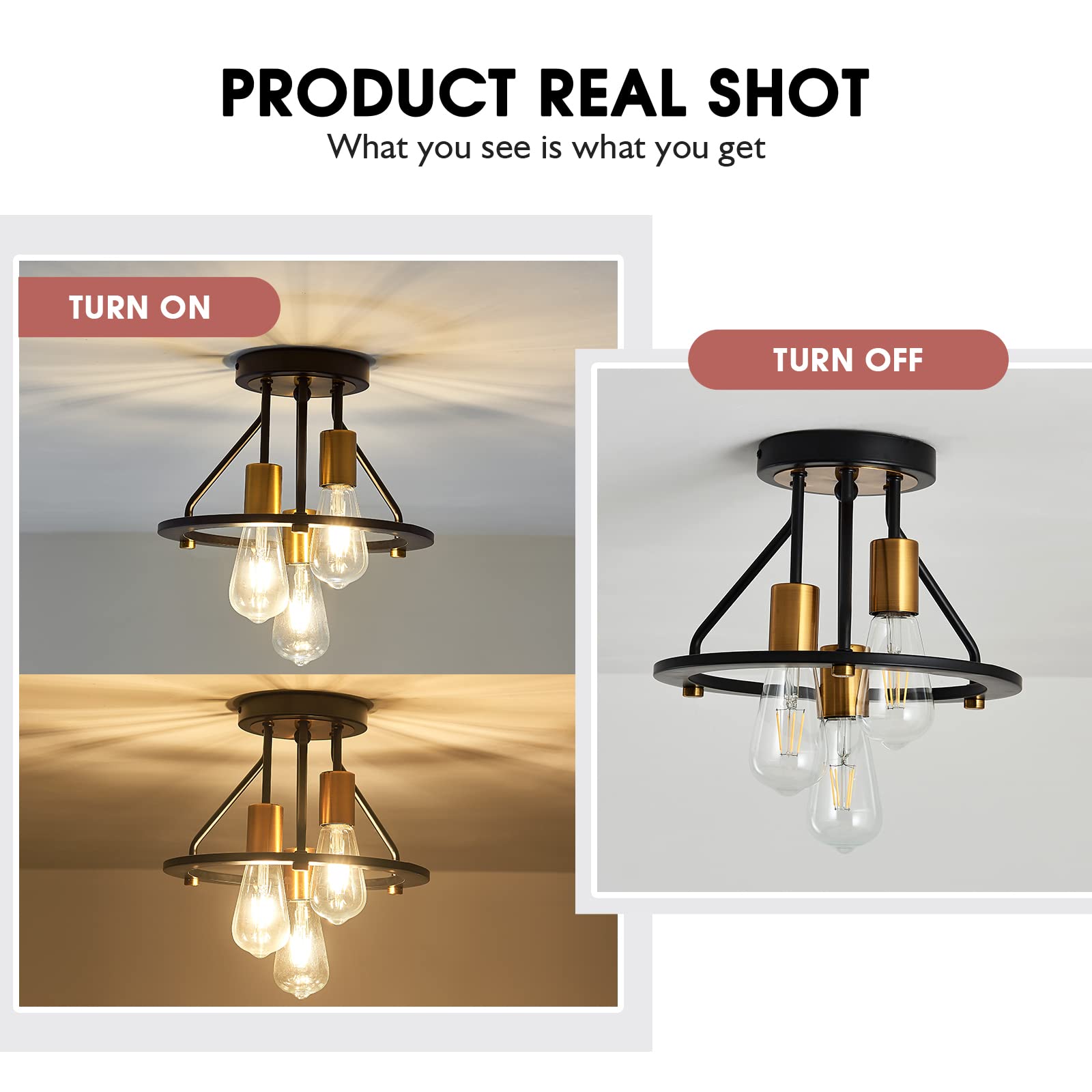 Qgiytp Industrial Semi Flush Mount Ceiling Light Fixture 3-Light Matte Black And Gold Chandelier E26 Farmhouse Ceiling Lamp For Entryway Hallway Bedroom Passway Balcony