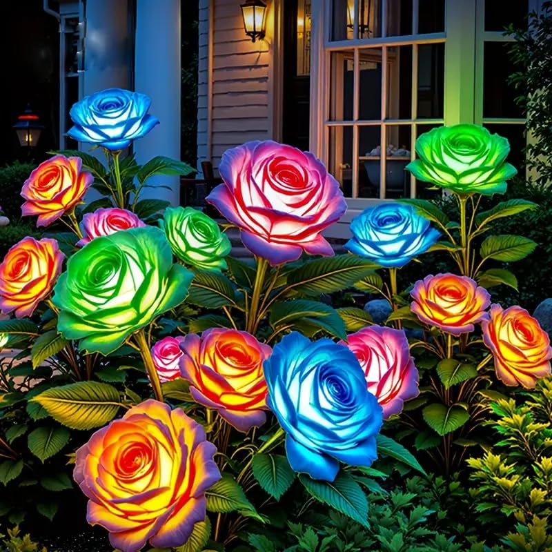KOOPER 6 Pack Solar Lights Outdoor Garden Decor, 7 Color Changing Solar Flowers Outdoor Waterproof with 30 Bigger & Realistic Ro