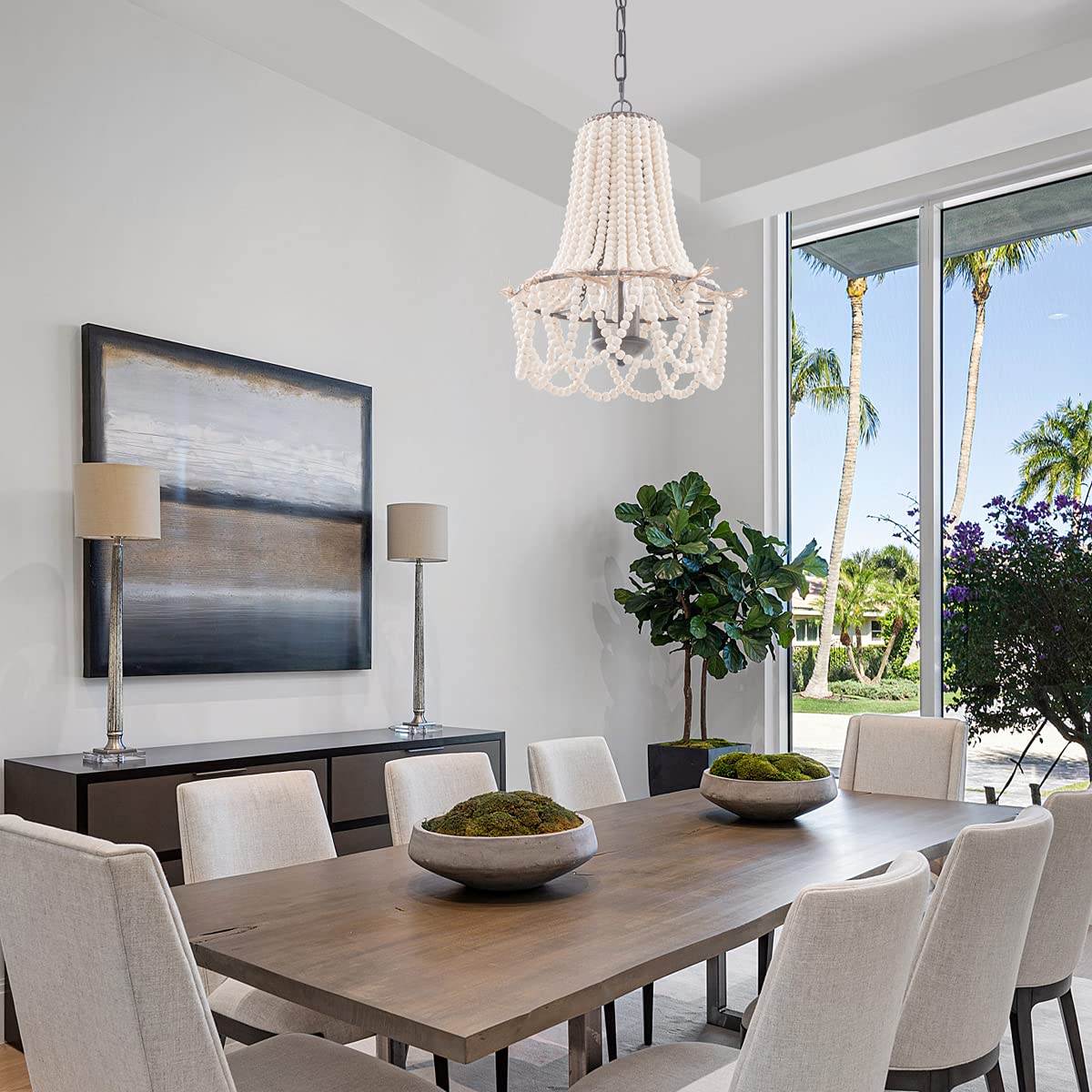 Wood Beaded Chandelier 3-Light Bohemia Pendant Light Fixture Farmhouse Round Hanging Chandelier White Beads With Black Chain For