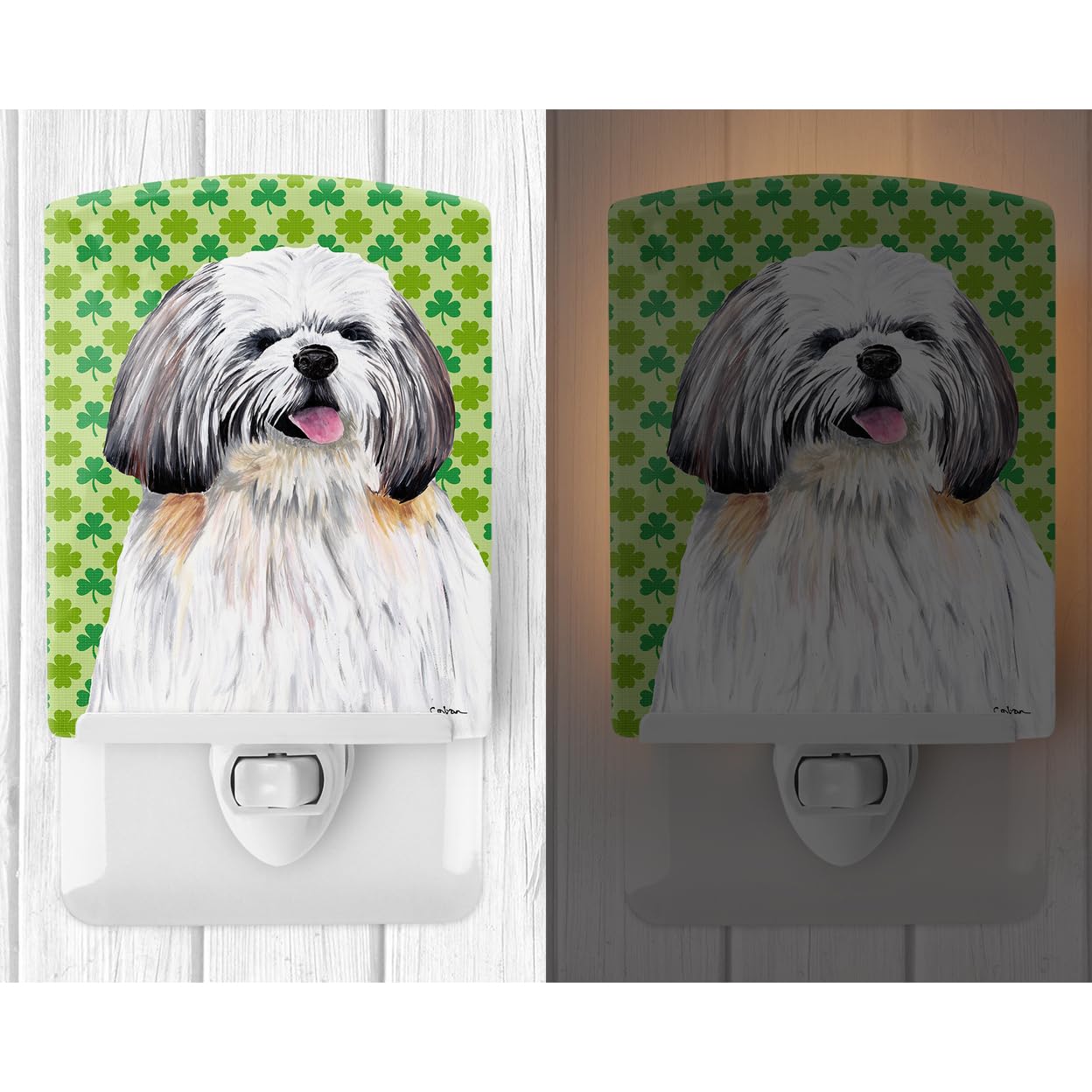 Caroline'S Treasures Sc9303Cnl Shih Tzu St. Patrick'S Day Shamrock Portrait Ceramic Night Light Compact, Ul-Certified, Ideal For Bedroom, Bathroom, Nursery, Hallway, Kitchen, 6X4X3, Multicolor