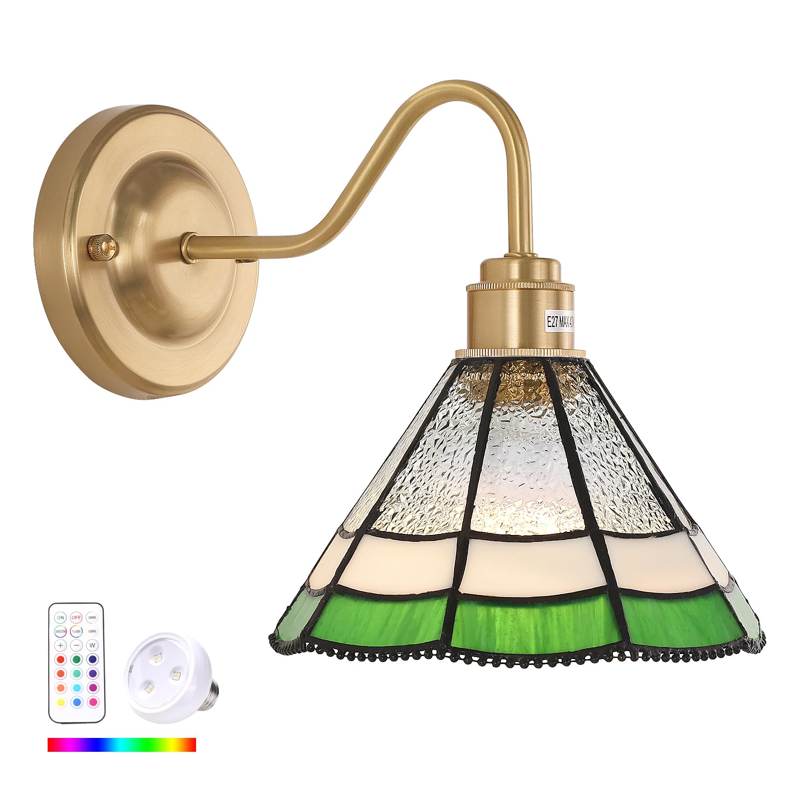 Shenmoyl Vintage Battery Operated Wall Sconce With Remote, Rgb Led Wall Lamp 12 Colors Dimmable, Brass Wall Lights Fixture For Bedroom Bathroom Living Room Hallway Green Multilayer Petal