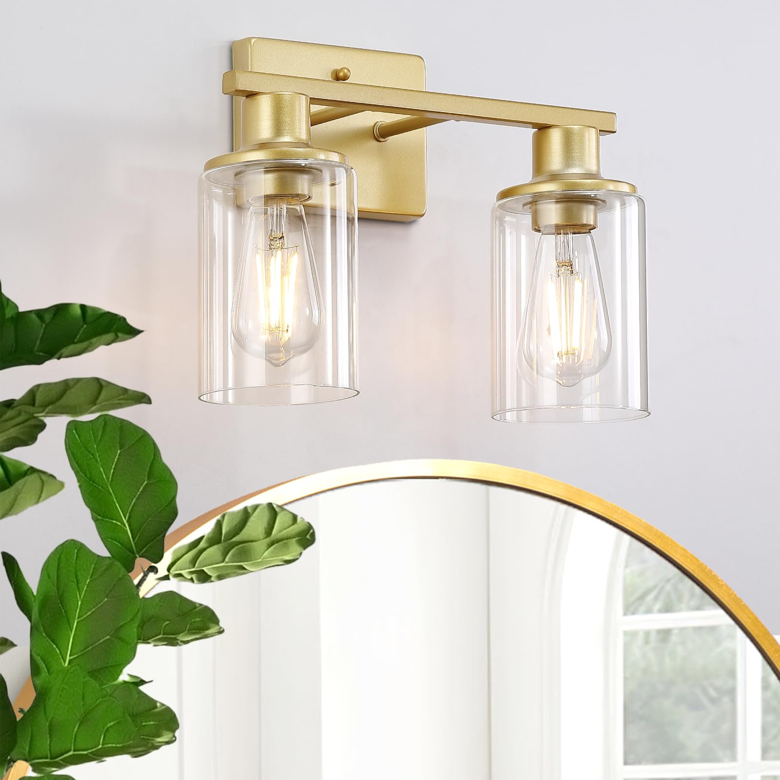Litaddscen Gold Bathroom Light Fixtures Over Mirror,2-Light Bathroom Vanity Light With Clear Glass Shade,Modern Farmhouse Wall S