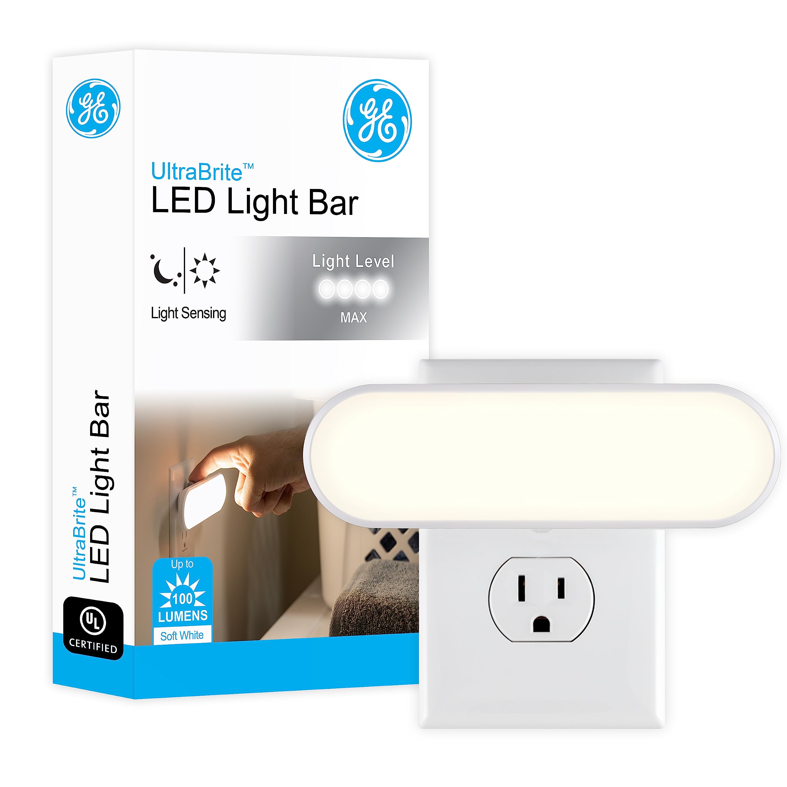 GE Ultrabrite LED Light Bar Night Light  100 Lumens  1 Pack  Dusk-to-Dawn Sensor  Auto/On/Off Switch  Plug-in  Ideal for Dark Spaces  Bedroom  Bathroom  Kitchen  Hallway  Garage  White  12498-New