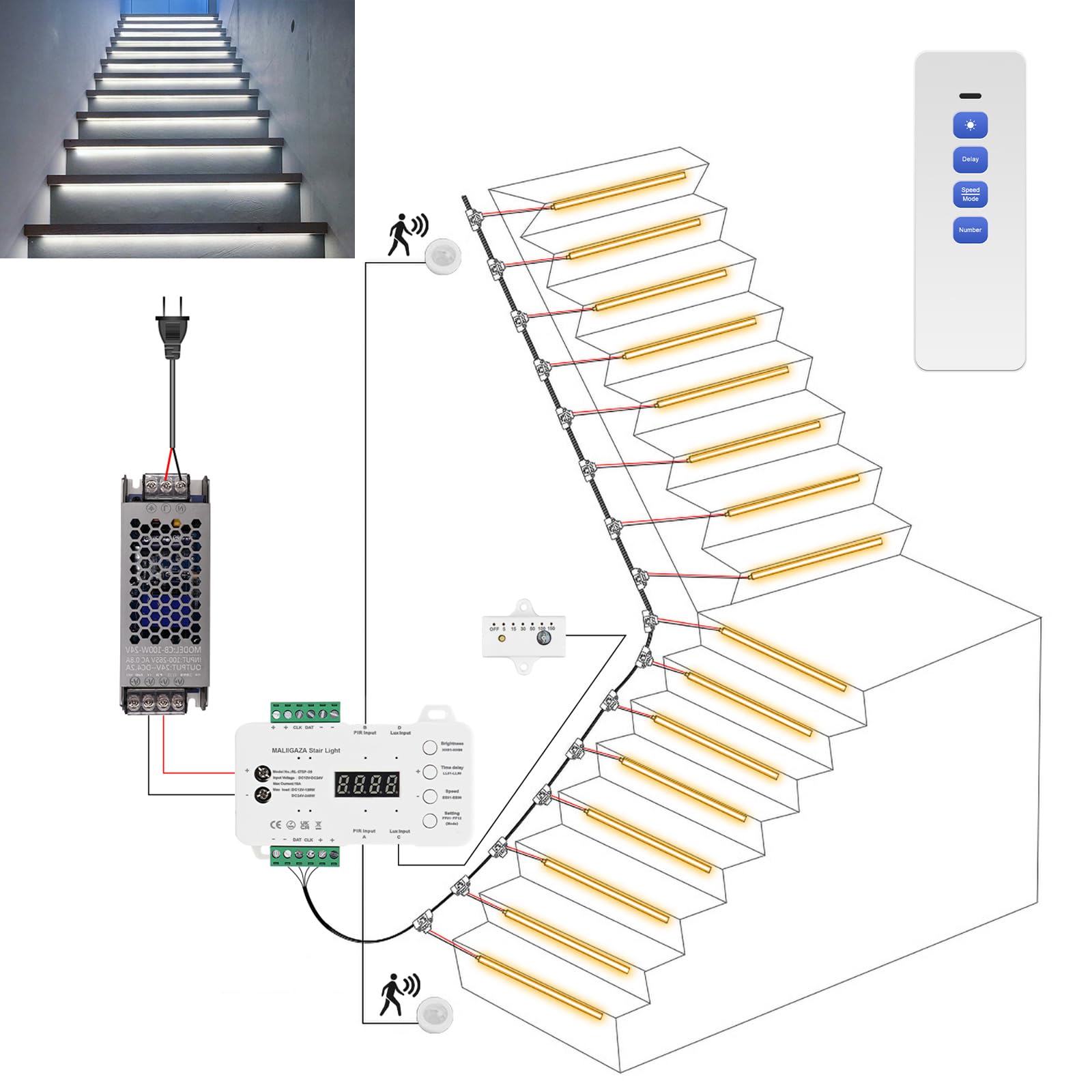 MALIIGAZA Intelligent Motion Sensor LED Stair Light Kit, 47.2in Cuttable LED Strip, Daylight Sensor, Model STEP-09-16S-CW, 6000K