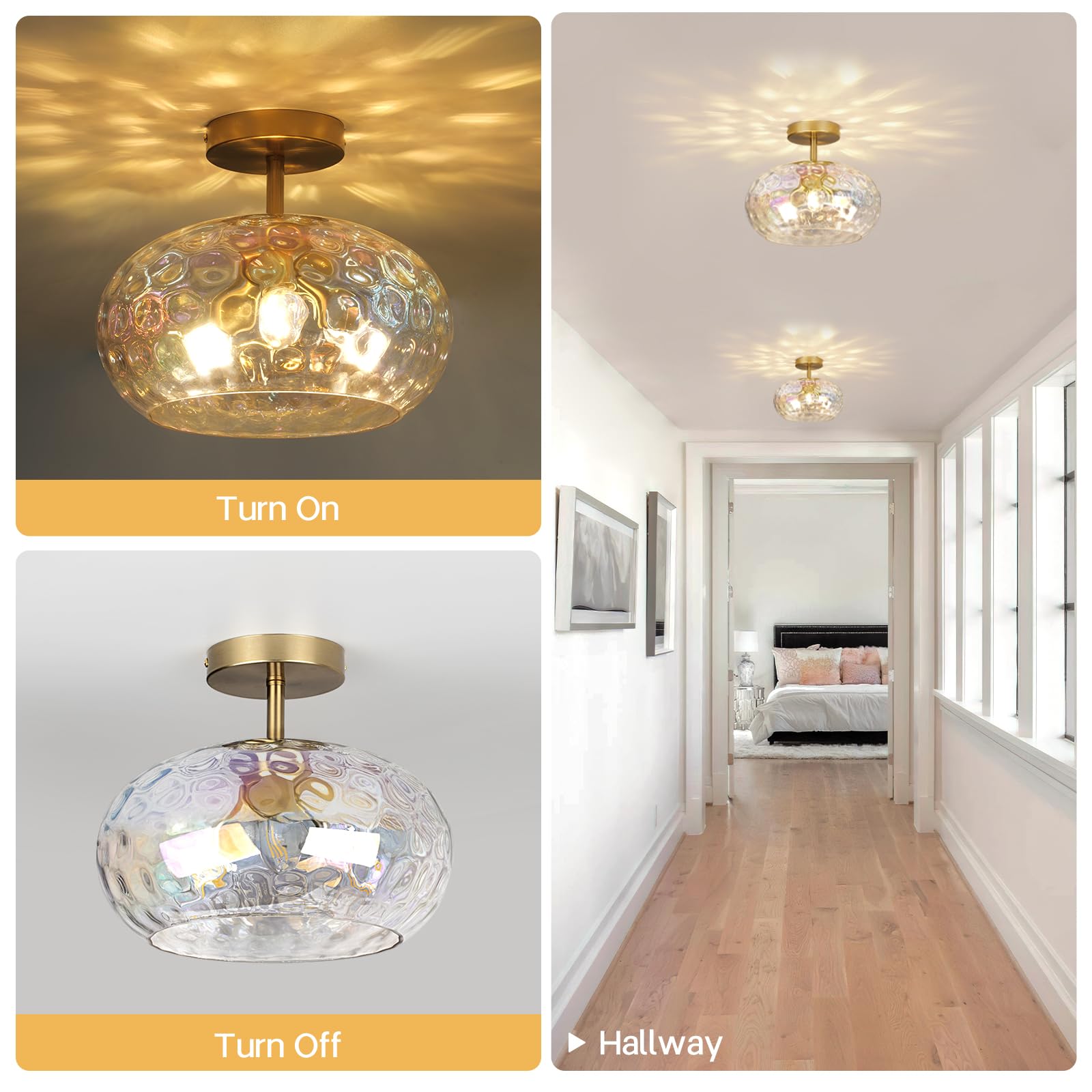 Clarsyne 12 Iridescent Rainbow Hammered Glass Ceiling Light  3-Light Semi Flush Mount Fixture  Modern Gold Lighting For Bedroom  Hallway  Kitchen  Dining Room  Living Room  Foyer