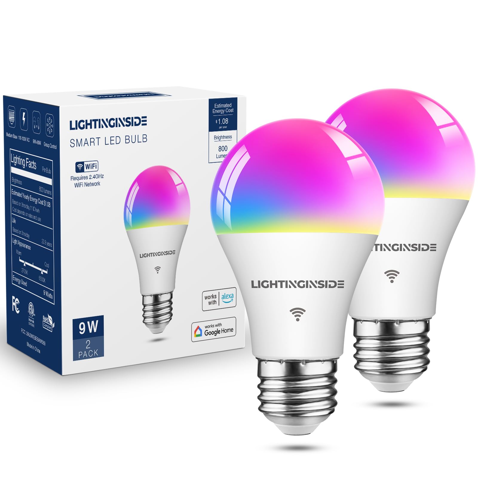 Lightinginside Smart Light Bulbs 60W Equivalent, Wifi Smart Bulb Compatible With Alexa/Google Assistant/Smart Life, A19 E26 Rgbc