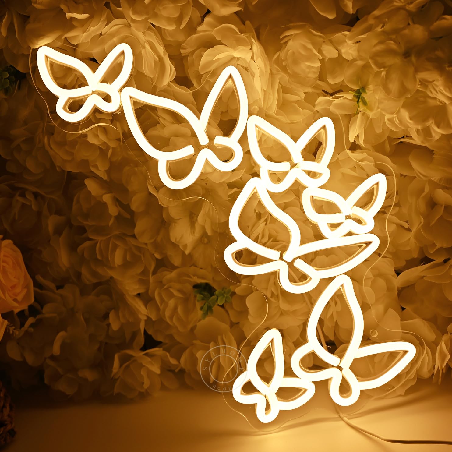 SYLHOME Butterfly LED Neon Light Sign - Warm White Acrylic - 16.5in X 8.9in - Ideal for Kids Bedroom, Living Room, Wedding, and Parties