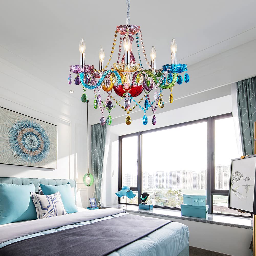 SM Saint Mossi Modern K9 Crystal Chandelier, 5-Light Pendant Fixture, Multi-Color, Adjustable Chain, H19 x W19, Model SM-DY-19084