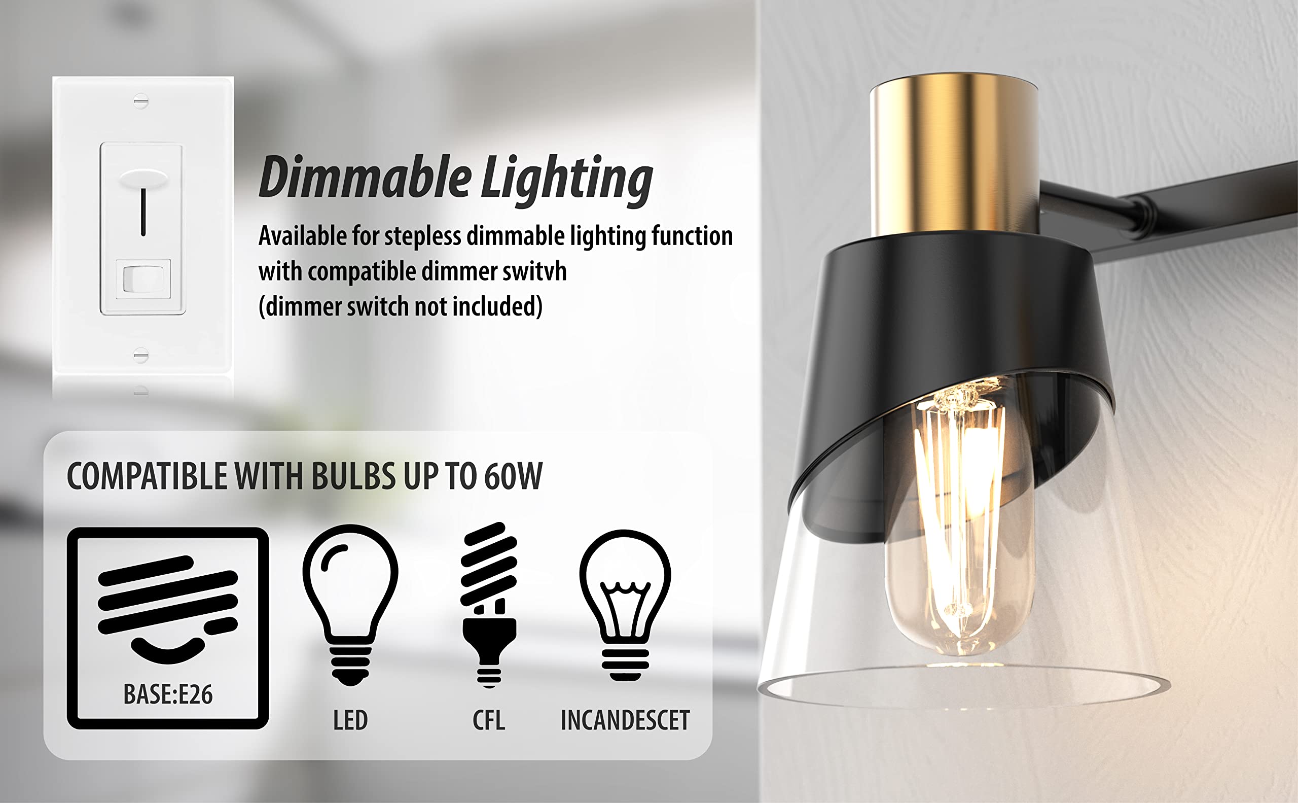 Ursola Bathroom Light Fixtures, 4 Lights Bathroom Lighting Fixtures Over Mirror, 28.34 Inch Black And Gold Design With Bevelled Edge And Clear Glass Shade Wall Lamp