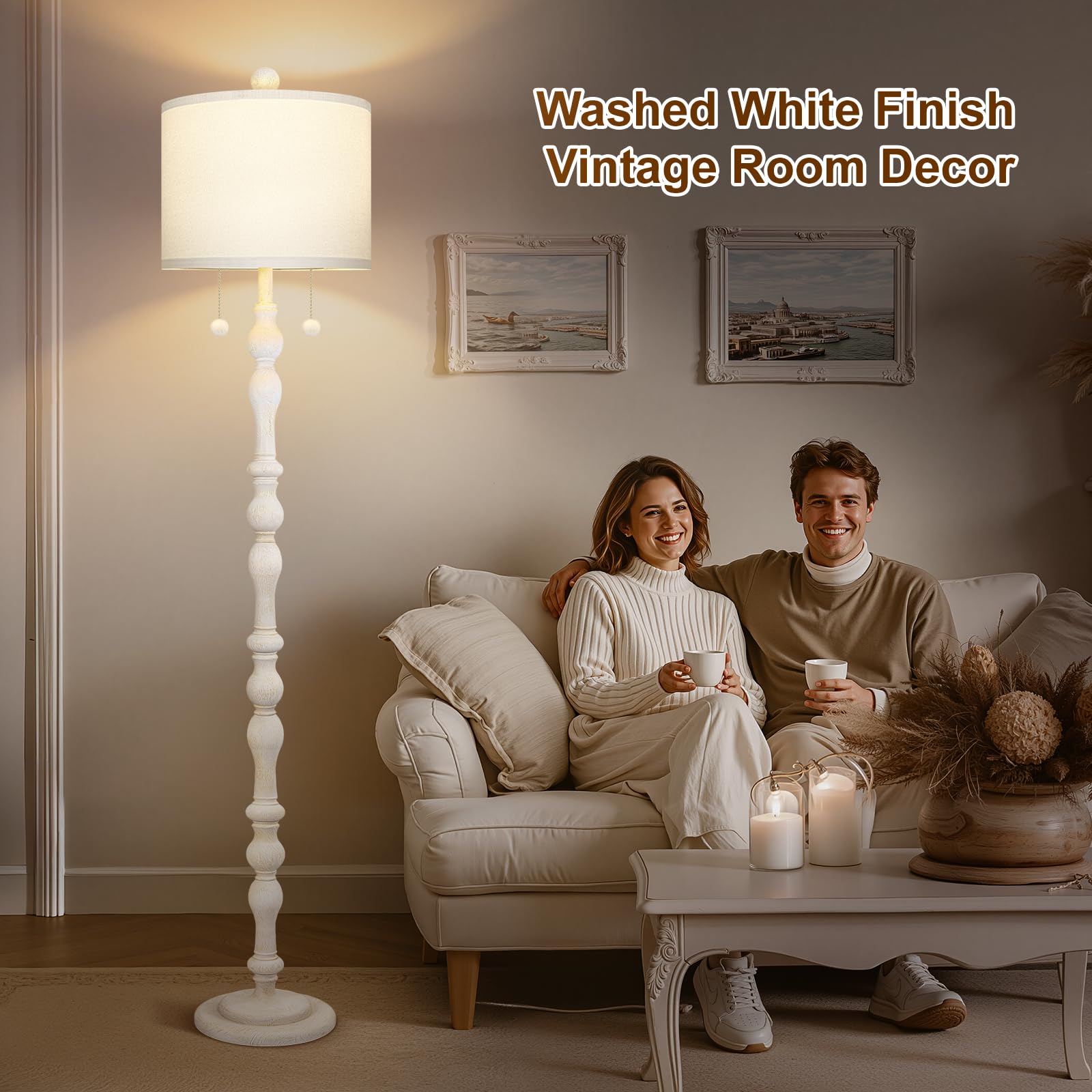 Scenekoy 65.5” Wood Floor Lamp - Washed White, Dual Socket, Pull Chains, Linen Shade, Model ZL012-WH, Ideal for Living Room & Bedroom