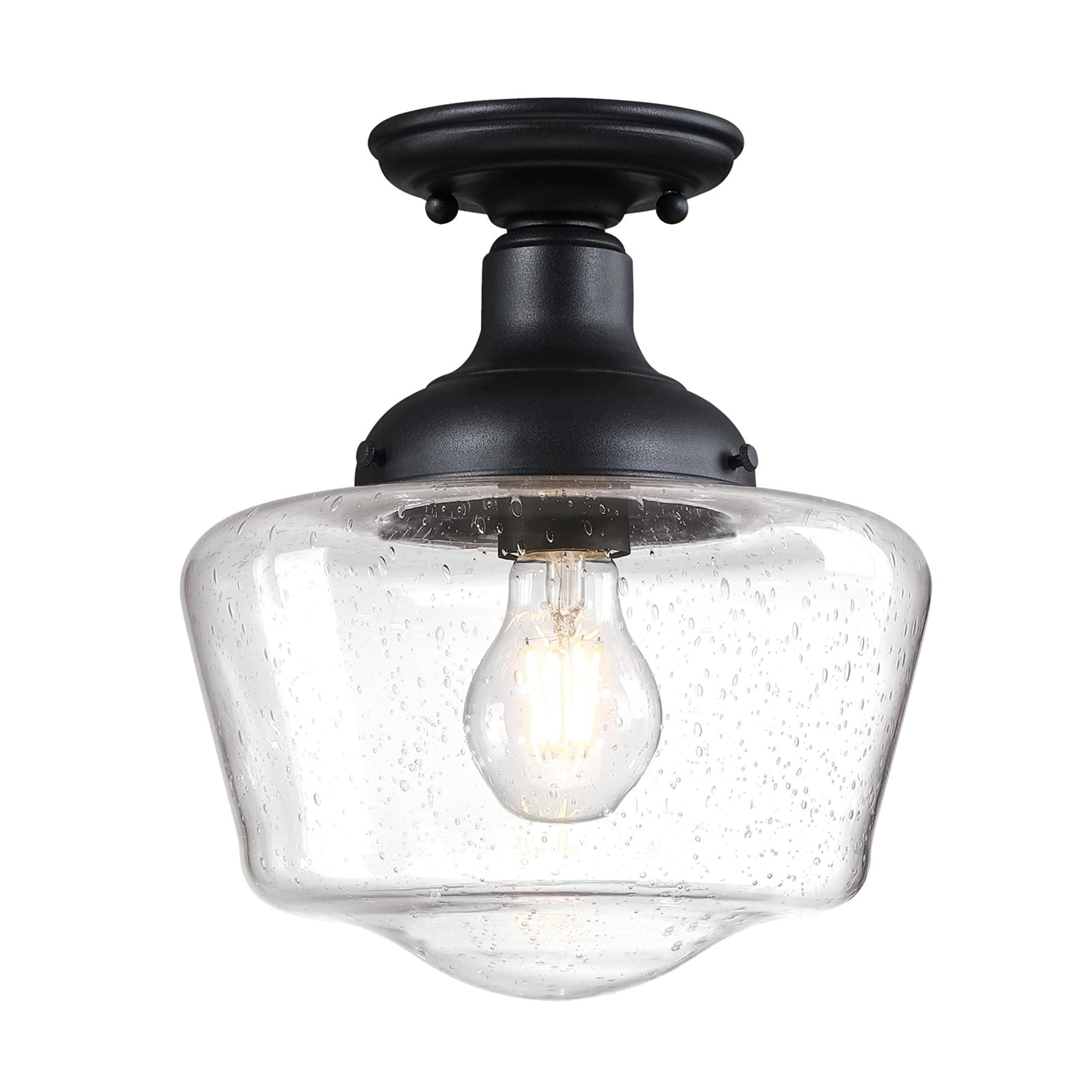 Westinghouse 6120900 Scholar Vintage-Style One Light Semi-Flush Ceiling Fixture, Textured Black Finish, Clear Seeded Glass