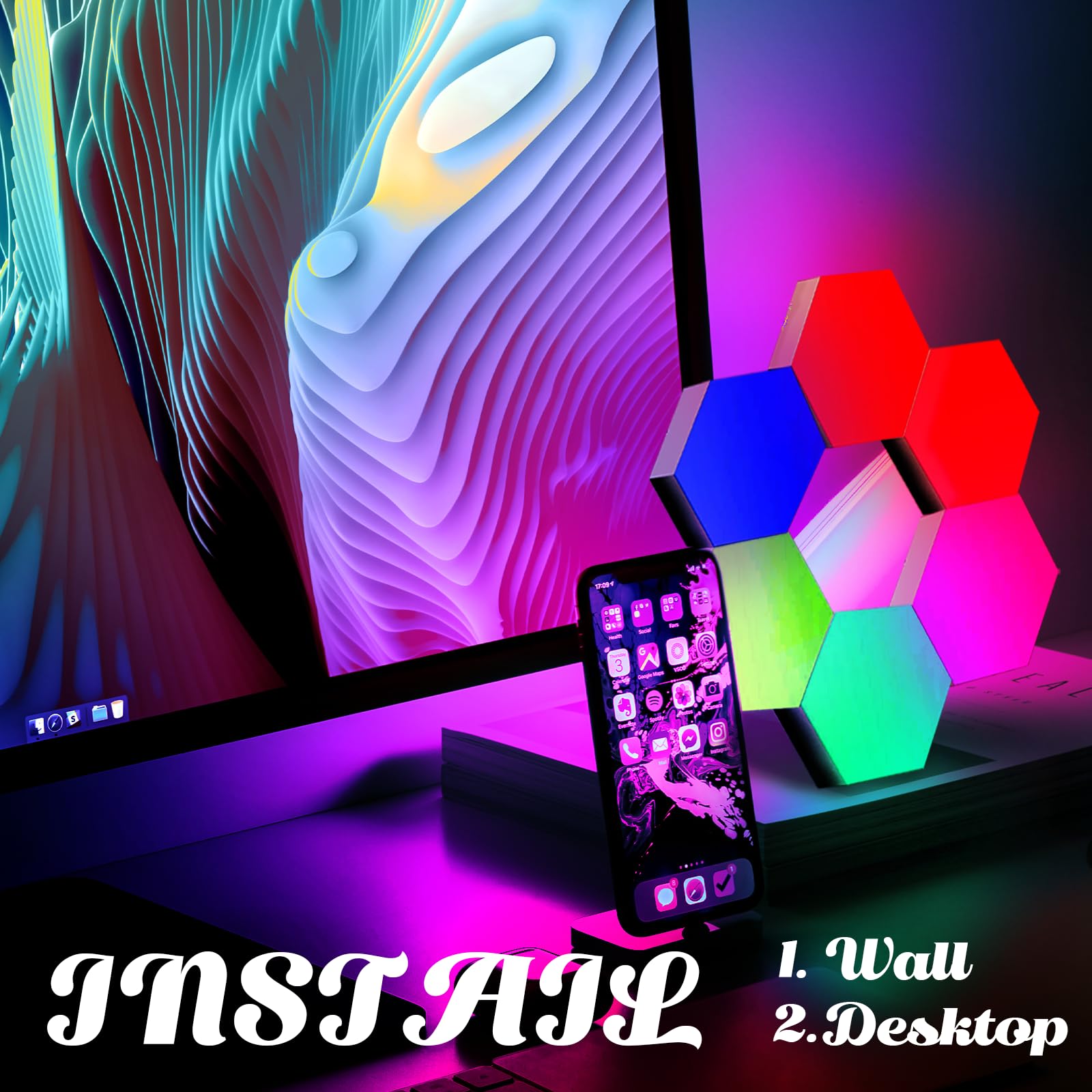ODISTAR Remote Control Hexagon Wall Light, RGB LED, Touch-Sensitive, 10-Pack, Acrylonitrile Butadiene Styrene, Colorful Decor for Bedroom