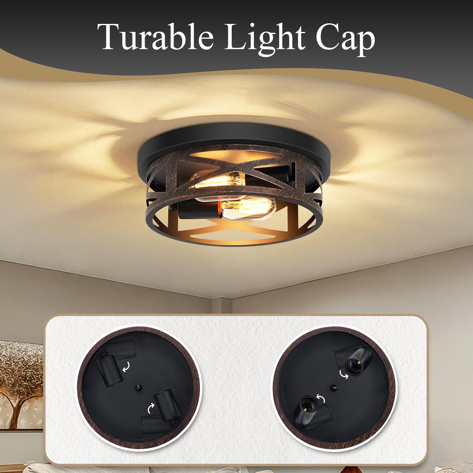 Skejao Flush Mount Ceiling Light Fixture,Vintage Metal Black 2-Light Hallway Light Fixtures Ceiling,Rustic Retro Light Fixtures