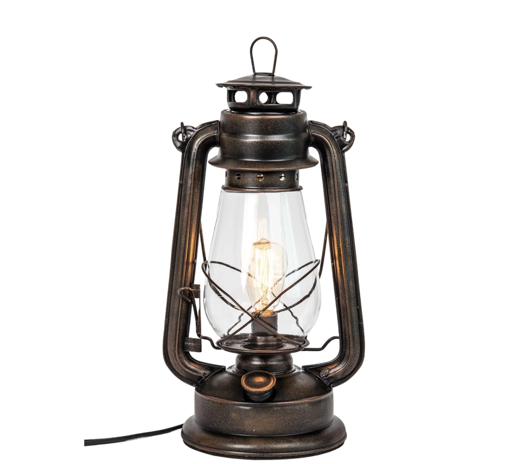 Dimmable Electric Lantern Table Lamp With Line Cord Dimmer And Edison Style Vintage Bulb-Rustic Rust Finish