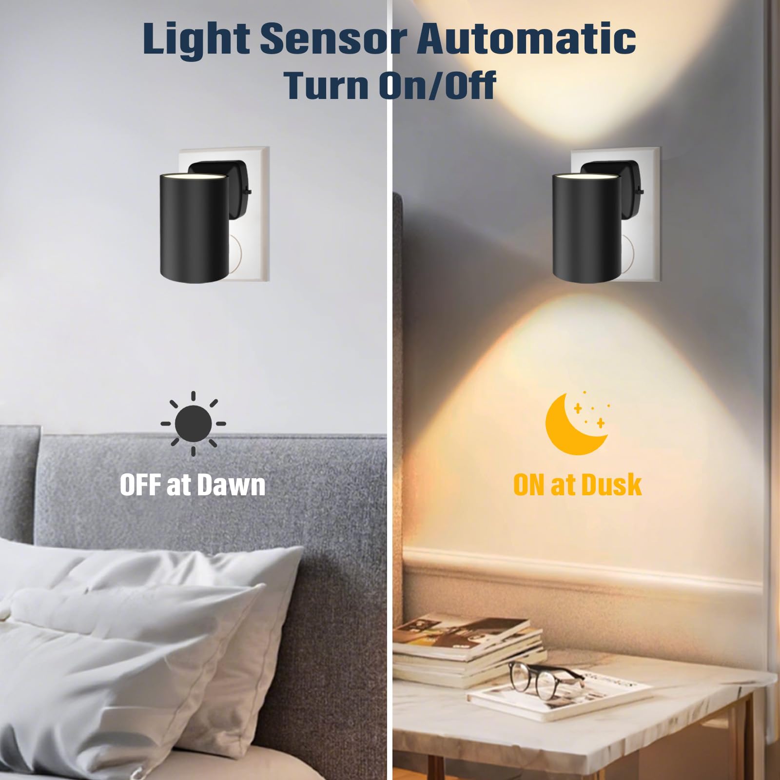 NOVELUX Night Light Plug-In, ETL Certified, Dusk to Dawn Sensor, Adjustable Brightness, 2-Pack, Cool White 5700K, Plastic