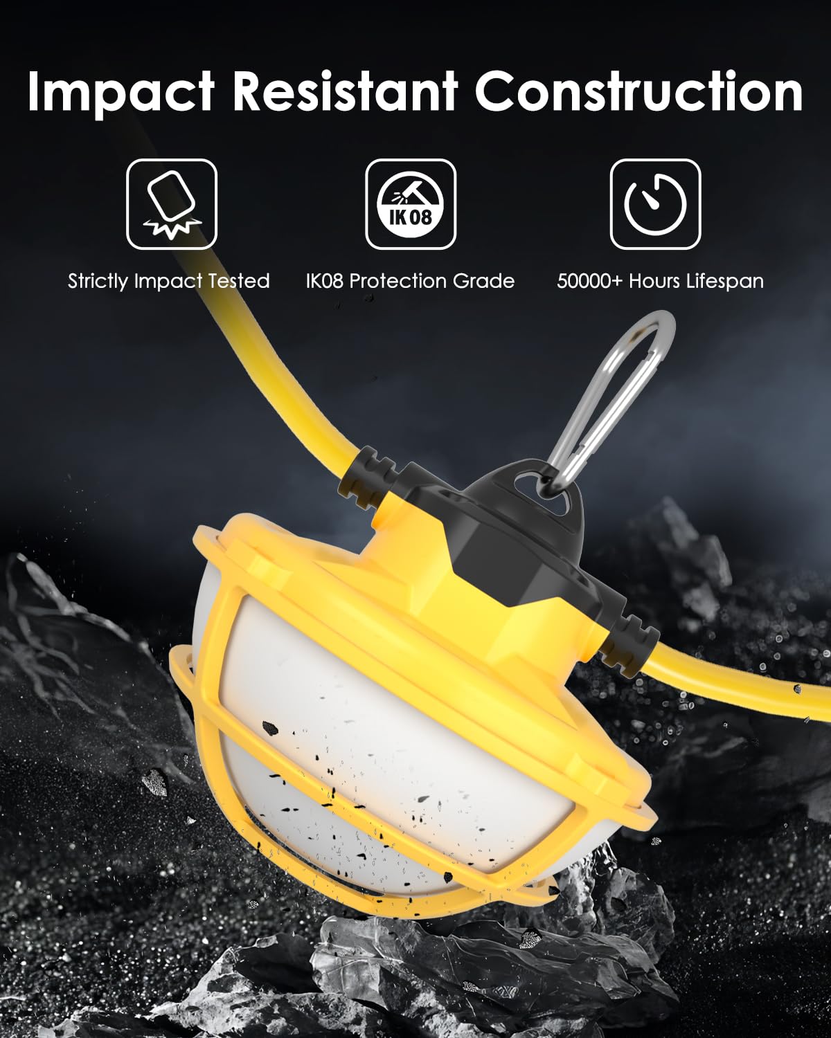 100Ft Led Construction String Lights - 3 Prong, 130W 16000Lm Plug In Linkable String Work Lights, 5000K Weatherproof Temporary L