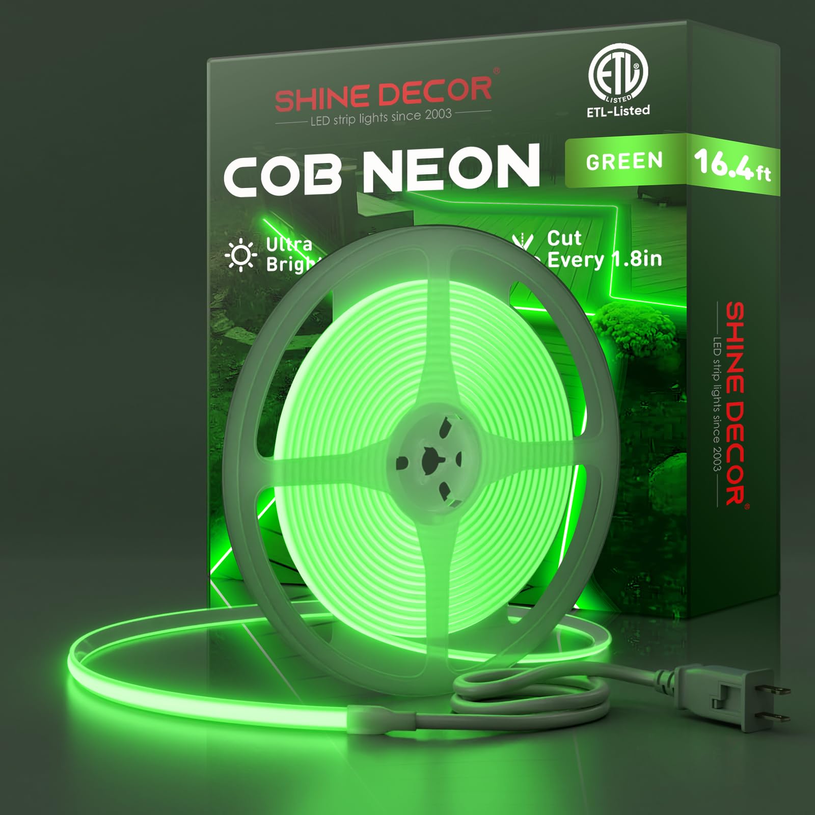 Shine Decor Cob Led Rope Light Ac 120V  800Lm Ultra Bright  Ip65 Waterproof Cold-Resistant Etl Neon Strip  No Driver Tape Lighting For Home Commercial 10X4.5Mm  Green  16.4Ft