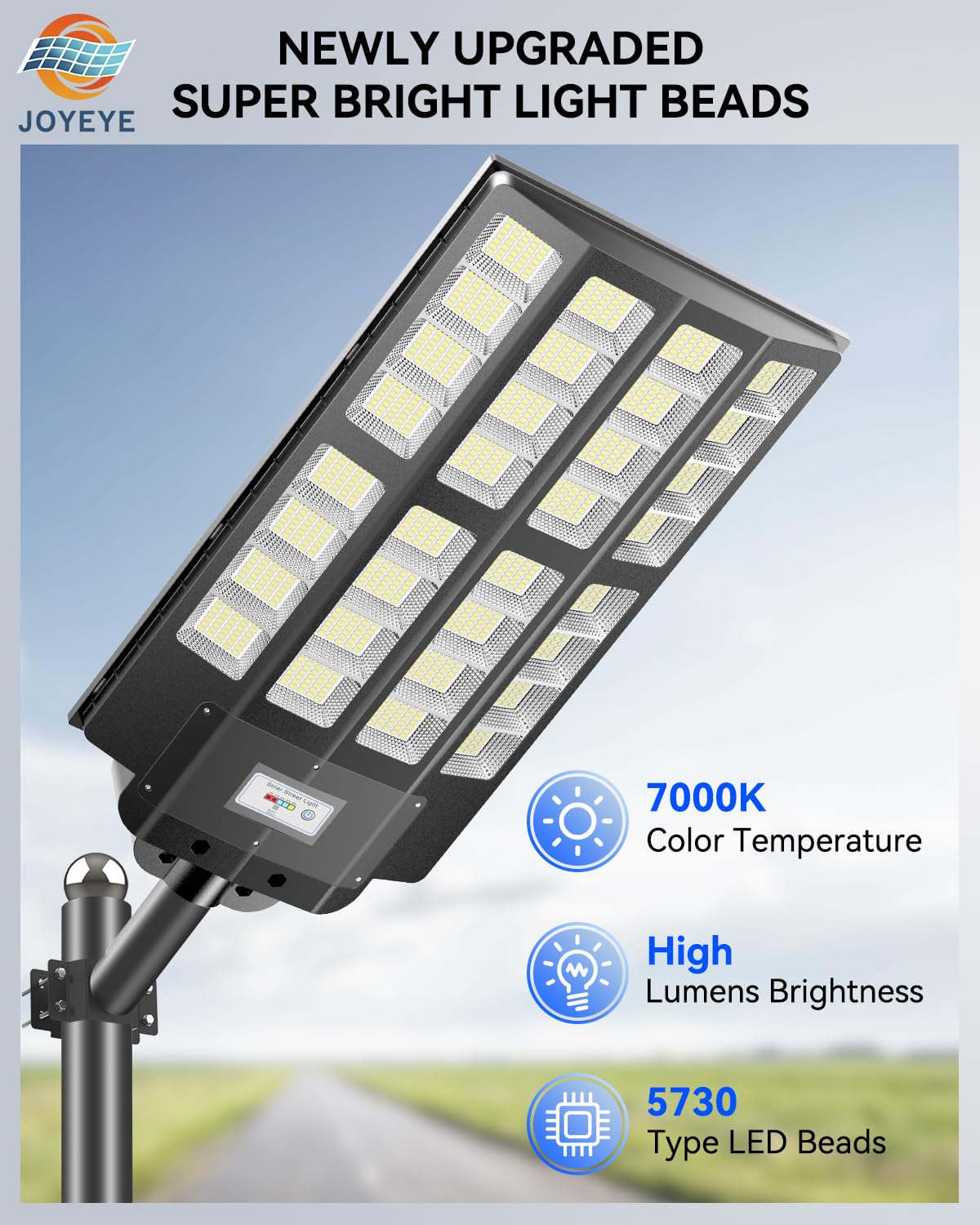 JOYEYE Solar Street Light 7000W with Motion Sensor & Remote Control, IP66 Waterproof, Black, Model TSL3201