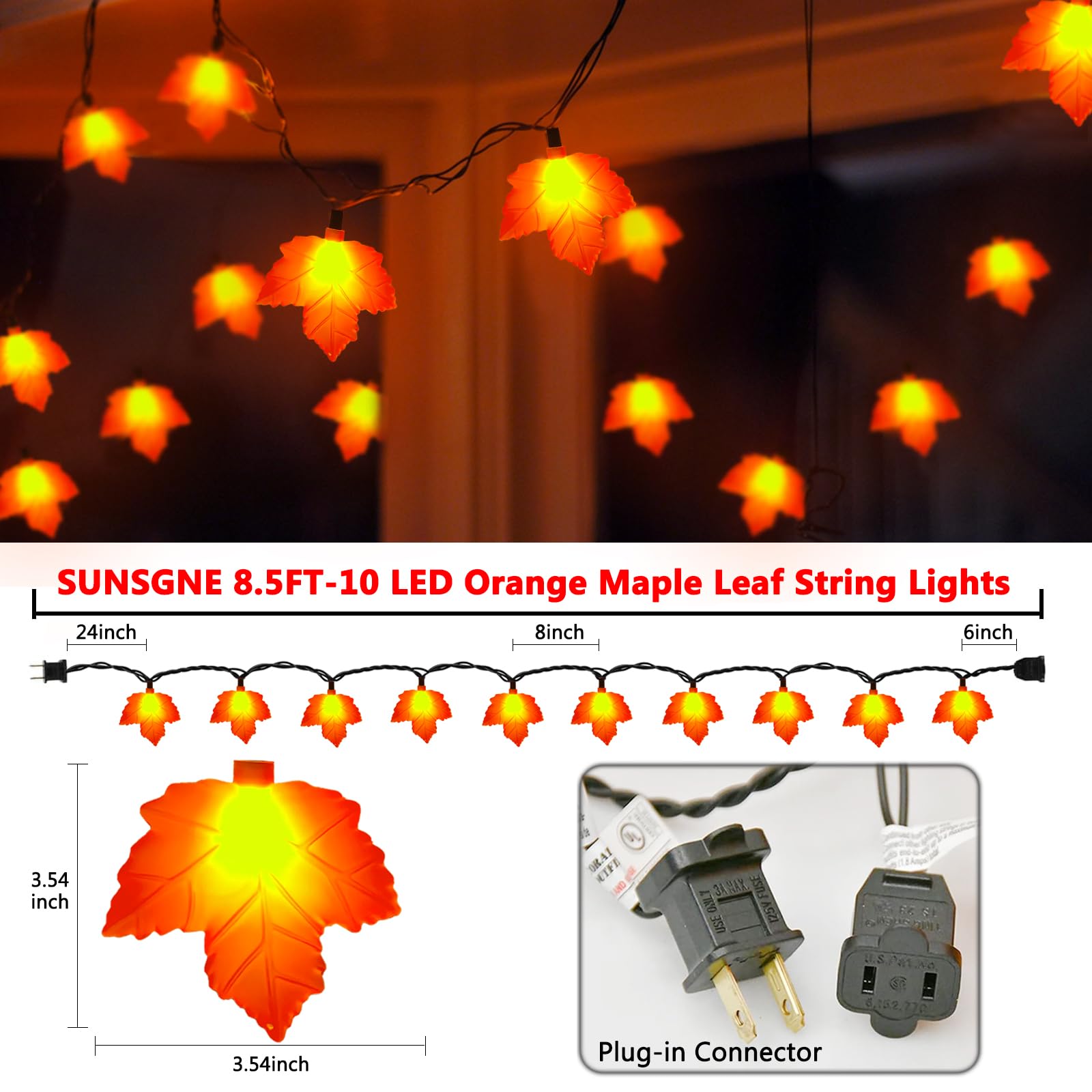 Sunsgne Thanksgiving Lights Indoor, 8.5Ft Plug In Thanksgiving String Lights With 10 3D Orange Maple Leaf, Thanksgiving Lights F
