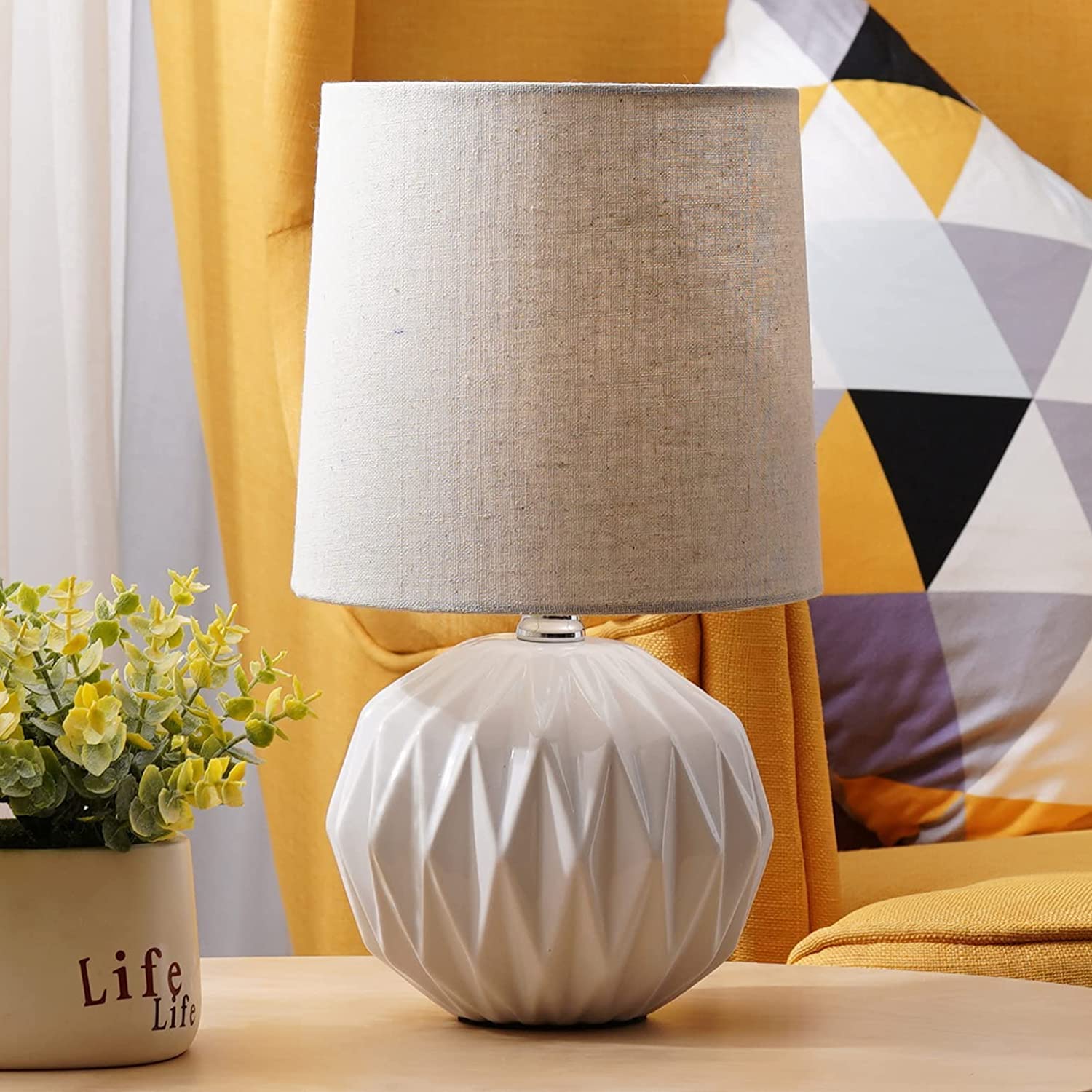 Somniferous White Ceramic Table Lamp, Geometric Textured Small Bedside Lamp With Linen Shade, Mid Century Modern Nightstand Lamp For Bedroom Living Room Reading Room, H 12" X W 6.7"