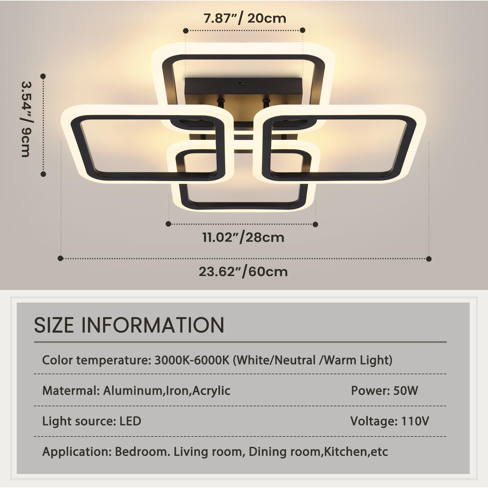 HLILCEH LED Ceiling Light 50W Dimmable Square Flush Mount 23.6inch Black Acrylic Model CL-4FDBK-D